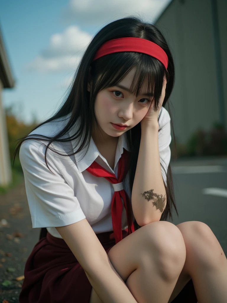 Asian woman around 50 years old sitting cross-legged at a red table, Photo of high school girl posing, realistic young gravure idol, Young skinny gravure idol, Young and cute gravure idol, Young sensual gravure idol, japanese girl uniform, Ayaka, surreal high school girl, japanese school uniform, young gravure idol, cute 