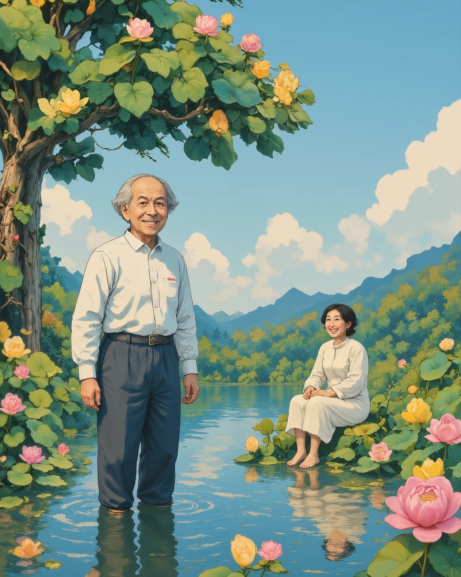 An elderly couple in a peaceful, sunlit countryside setting. The old man is standing knee-deep in a serene lotus pond, smiling warmly, while the old woman sits nearby on the grassy bank under a large, shady tree, laughing joyfully. Bright yellow and pink lotus flowers bloom on the water's surface, with reflections shimmering in the sunlight. The sky is bright blue with fluffy white clouds, and distant green hills and mountains complete the dreamy, nature-filled background. The art style is soft, painterly, and Ghibli-inspired, with vibrant colors, emotional warmth, and high detail."
