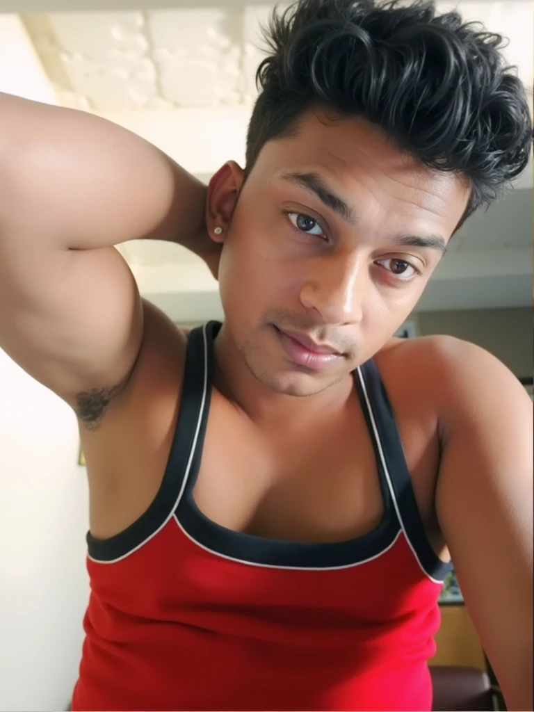 A sexy indian man wearing a headphone and listening music, sitting on a chair, homoerotic, nsfw