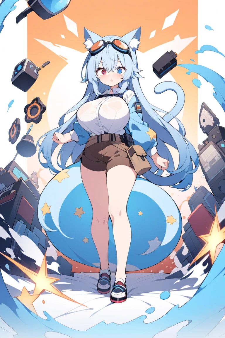 1girl, breasts, medium breasts, thick thighs, hourglass figure, toned, smile, light smile, blue hair, light blue hair, blue eyes, very short hair, pixie cut, shoes, sneakers, socks, ((socks)), bikini, black bikini, jacket, black jacket, open jacket, neon trim, neon, neon lights, blue trim, tech, machinery, science-fiction, futuristic, bunny ears, rabbit ears, cropped jacket, ((cropped jacket)), highleg bikini, highleg