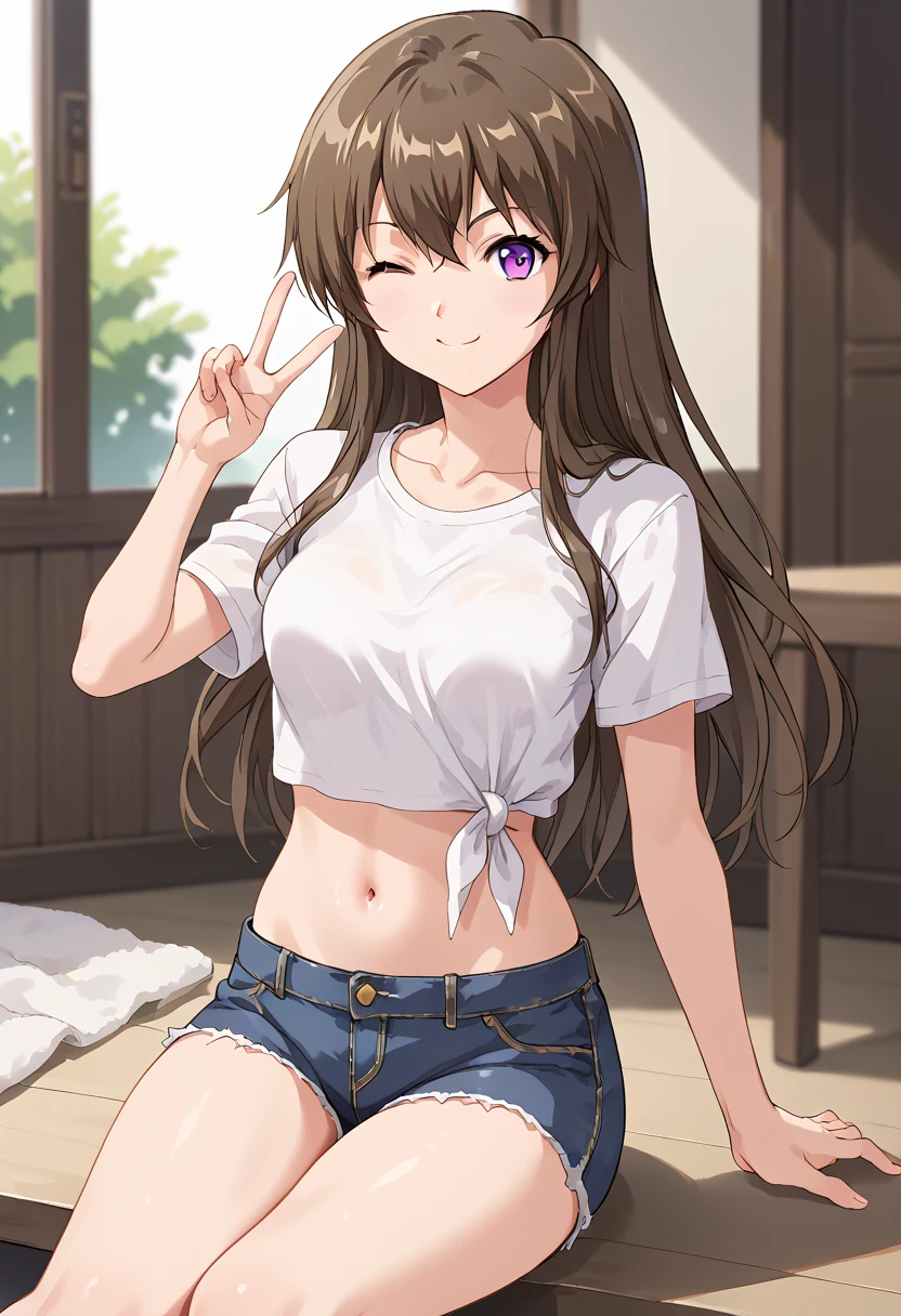 brown hair, brown eyes, long hair, looking at viewer, solo,forehead,masterpiece, best quality, photorealistic, yujiasuit, yoga sports bra, yoga pants, 1girl, solo, , yoga ball, pants, looking away, smile, green sports bra, simple background, , midriff, long hair, breasts, green pants, sportswear, tank top, upper body,Eager Pet Pose,((embarassed,blush))