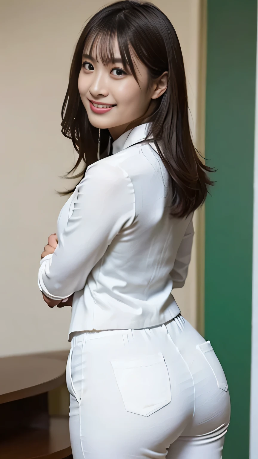 (BEST QUALITY, 8k, 32K, masterpiece, super high resolution:1.2), ((1 girl)), Cute Japanese, thin waist, White suit, White suit, OL, office room, Machine, stick your butt out toward the photo, thick butt, (panty line, from behind, tight pants, White skinny pants suit:1.5), (Human viewers are embarrassed, look back, detailed face, double eyelids, smile)