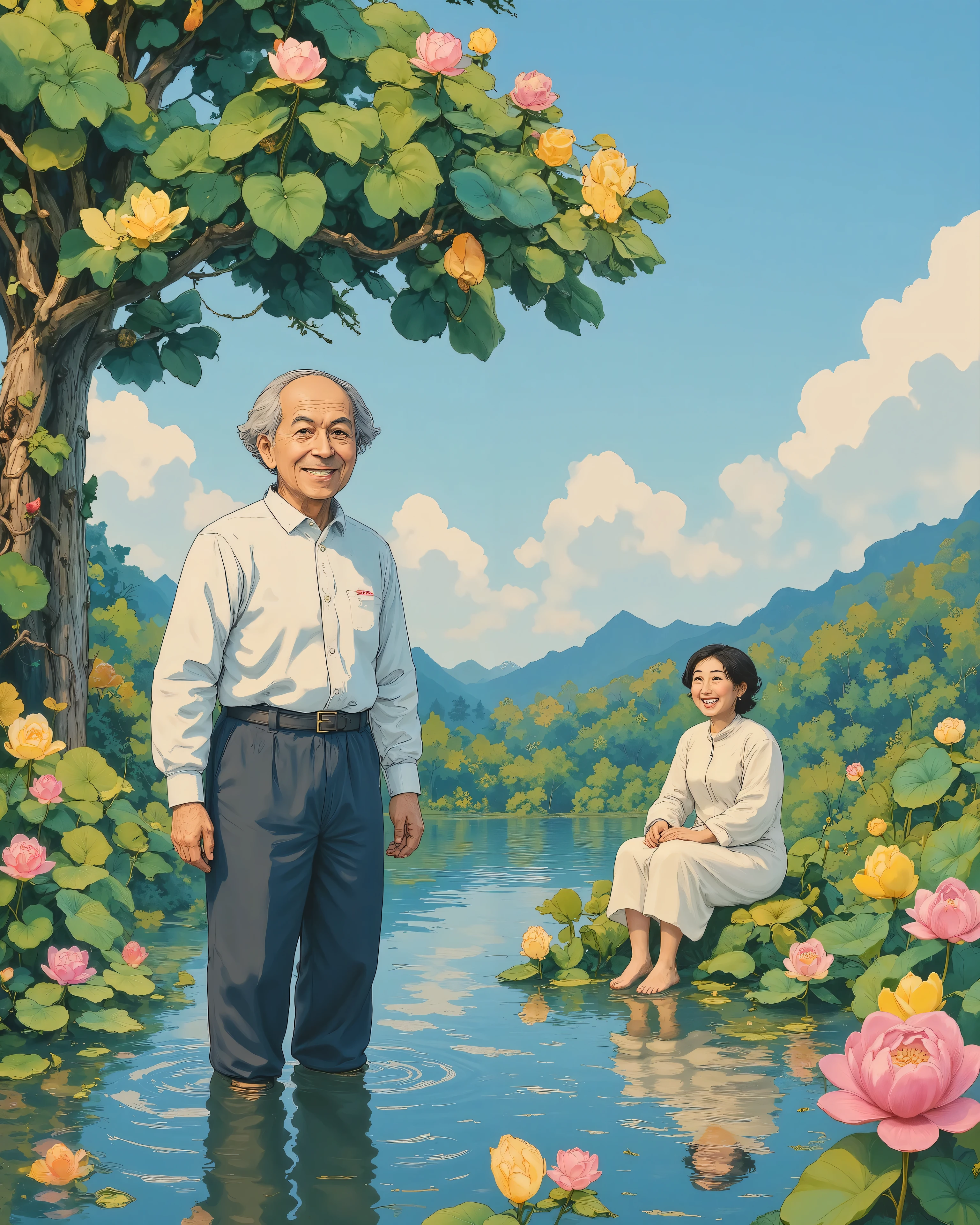 An elderly couple in a peaceful, sunlit countryside setting. The old man is standing knee-deep in a serene lotus pond, smiling warmly, while the old woman sits nearby on the grassy bank under a large, shady tree, laughing joyfully. Bright yellow and pink lotus flowers bloom on the water's surface, with reflections shimmering in the sunlight. The sky is bright blue with fluffy white clouds, and distant green hills and mountains complete the dreamy, nature-filled background. The art style is soft, painterly, and Ghibli-inspired, with vibrant colors, emotional warmth, and high detail."