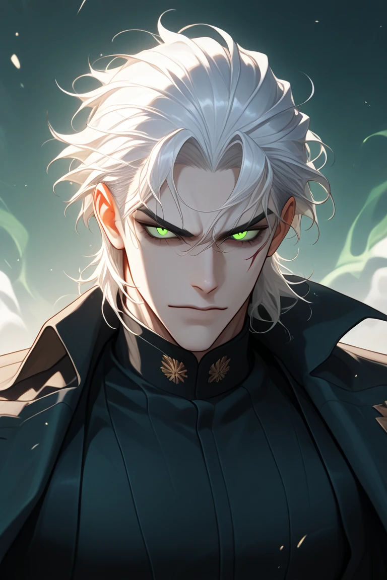 male warrior, short dark hair, white skin, yellow eyes, no face hair, serius look, about 20 years, shadow on background, black overcoat, crows arownd, epic dark fantasy, focus on his face, two cut scars on his face , 1980s style, black dark hair