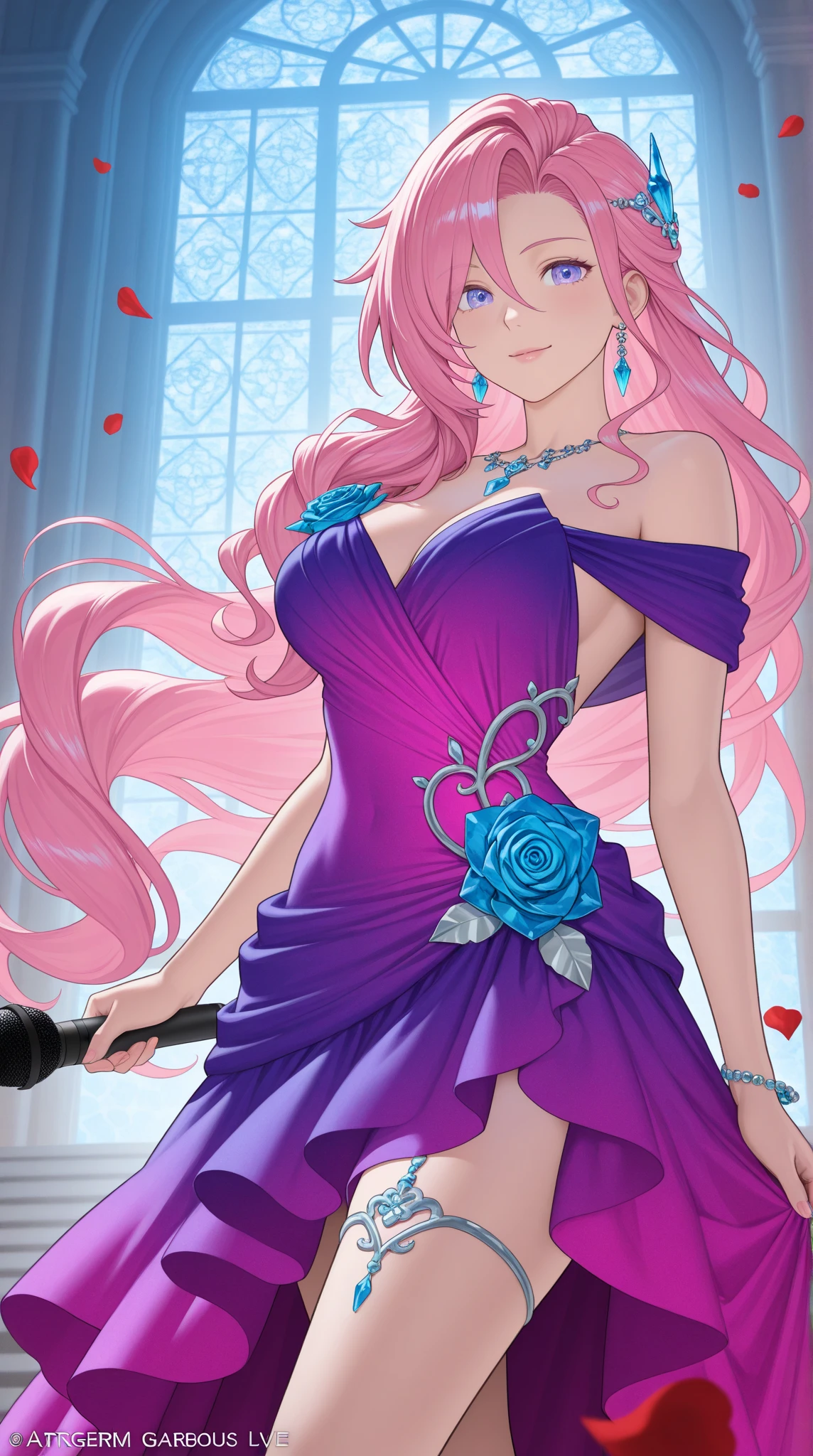 Perfect face. Perfect hands. A pink haired woman with violet eyes an hourglass figure in a leather ball gown is leaning forward in front of a fountain while smiling in a Gothic garden at night
