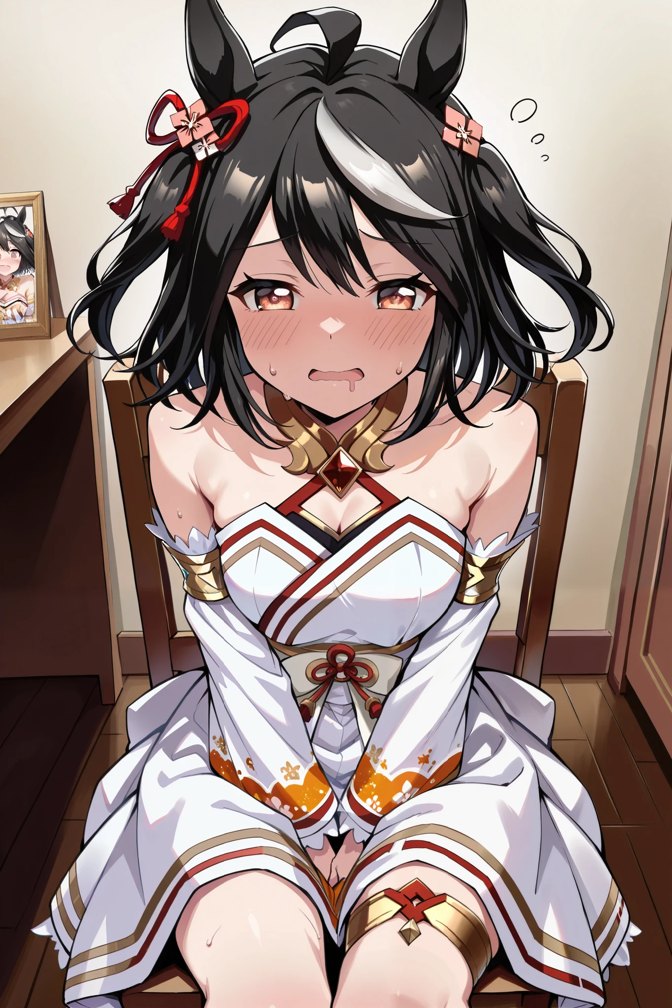 ( masterpiece, super accurate, 16k, RAW photo, complicated ), (Sharp Focus , vivid details), (wide color range, vivid details ), noise reduction , 1 girl , (( Kitasan Black \( Uma Musume\)), (Half Closed Eyes, [Sleepy eyes:1.5), ( embarrassed face), (sitting on a chair, with hair), ( Official Costumes), (whiteいパンティを見せる:1.9), skirt, sweat, Weaknesses:1.5, drool, (Cowboy in the drawing room), white, Joyful Star Kiss High School , long sleeve, white毛皮の襟, Armlet, white strapless japanese dress , Parallel Side Straps