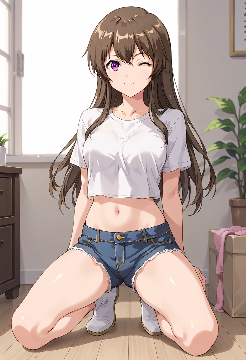 1 girl, underwear, Black hair, thigh, white_underwear,， long_hair, breast,  white pajamas，unbuttoned pajamas，open income，navel，bare belly，eyes closed，eyes closed， exist_Back, In the bedroom, hindquarters, Bangs, split, blush,Lying on exist&#39;s bed，white，，white，Full body female love，arms open