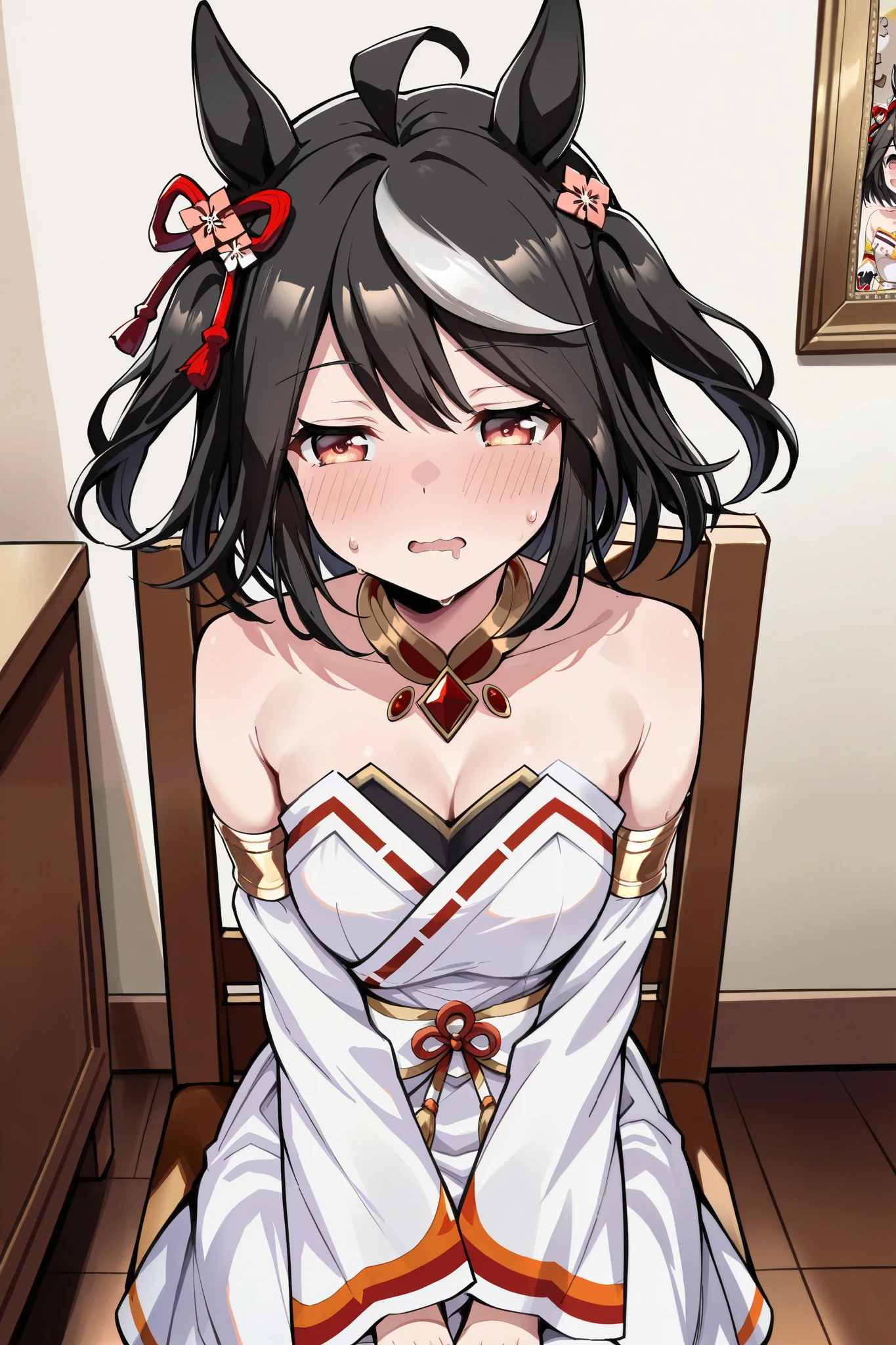 ( masterpiece, super accurate, 16k, RAW photo, complicated ), (Sharp Focus , vivid details), (wide color range, vivid details ), noise reduction , 1 girl , (( Kitasan Black \( Uma Musume\)), (Half Closed Eyes, [Sleepy eyes:1.5), ( embarrassed face), (sitting on a chair, with hair), ( Official Costumes), (whiteいパンティを見せる:1.9), skirt, sweat, Weaknesses:1.5, drool, (Cowboy in the drawing room), white, Joyful Star Kiss High School , long sleeve, white毛皮の襟, Armlet, white strapless japanese dress , Parallel Side Straps
