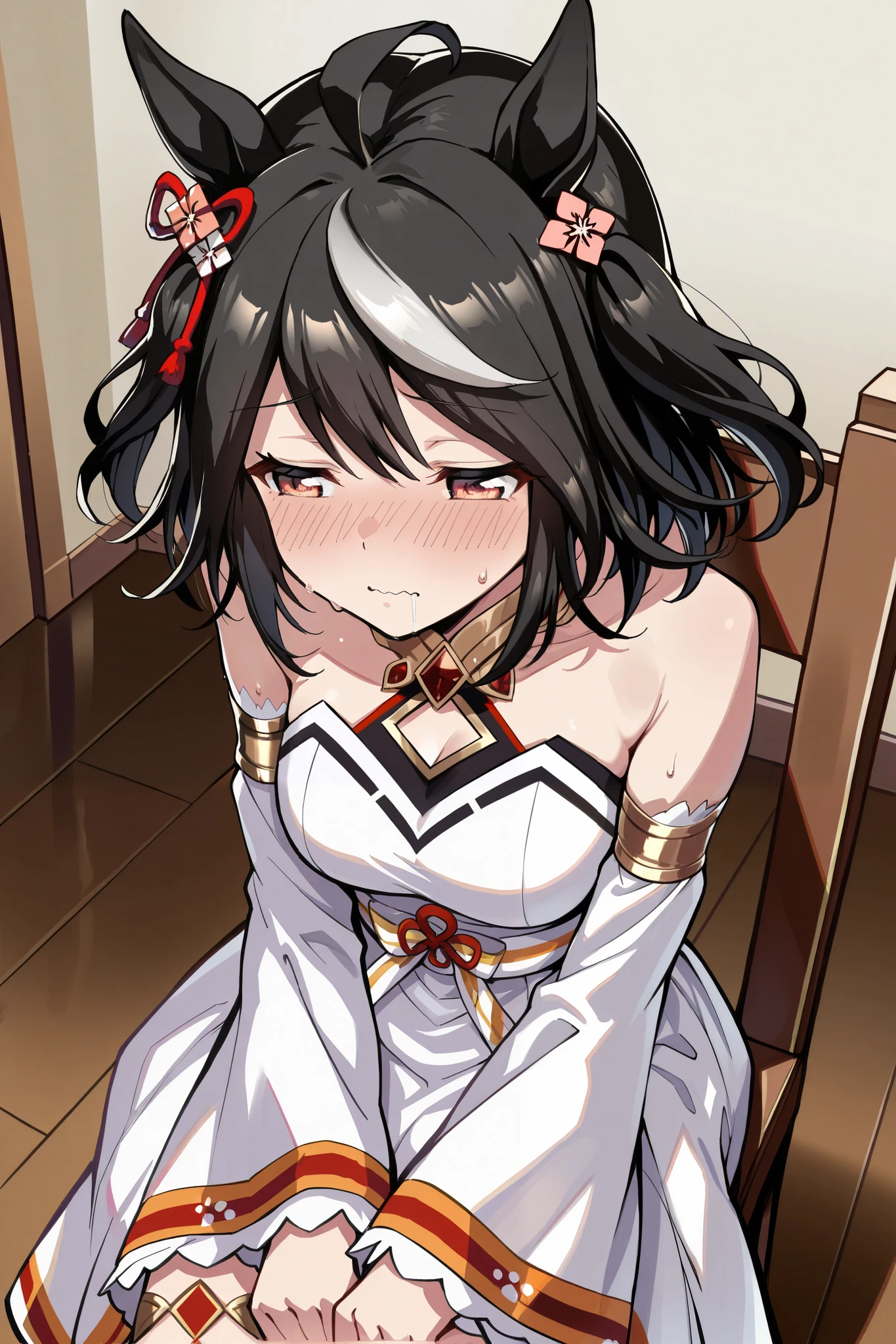 ( masterpiece, super accurate, 16k, RAW photo, complicated ), (Sharp Focus , vivid details), (wide color range, vivid details ), noise reduction , 1 girl , (( Kitasan Black \( Uma Musume\)), (Half Closed Eyes, [Sleepy eyes:1.5), ( embarrassed face), (sitting on a chair, with hair), ( Official Costumes), (whiteいパンティを見せる:1.9), skirt, sweat, Weaknesses:1.5, drool, (Cowboy in the drawing room), white, Joyful Star Kiss High School , long sleeve, white毛皮の襟, Armlet, white strapless japanese dress , Parallel Side Straps
