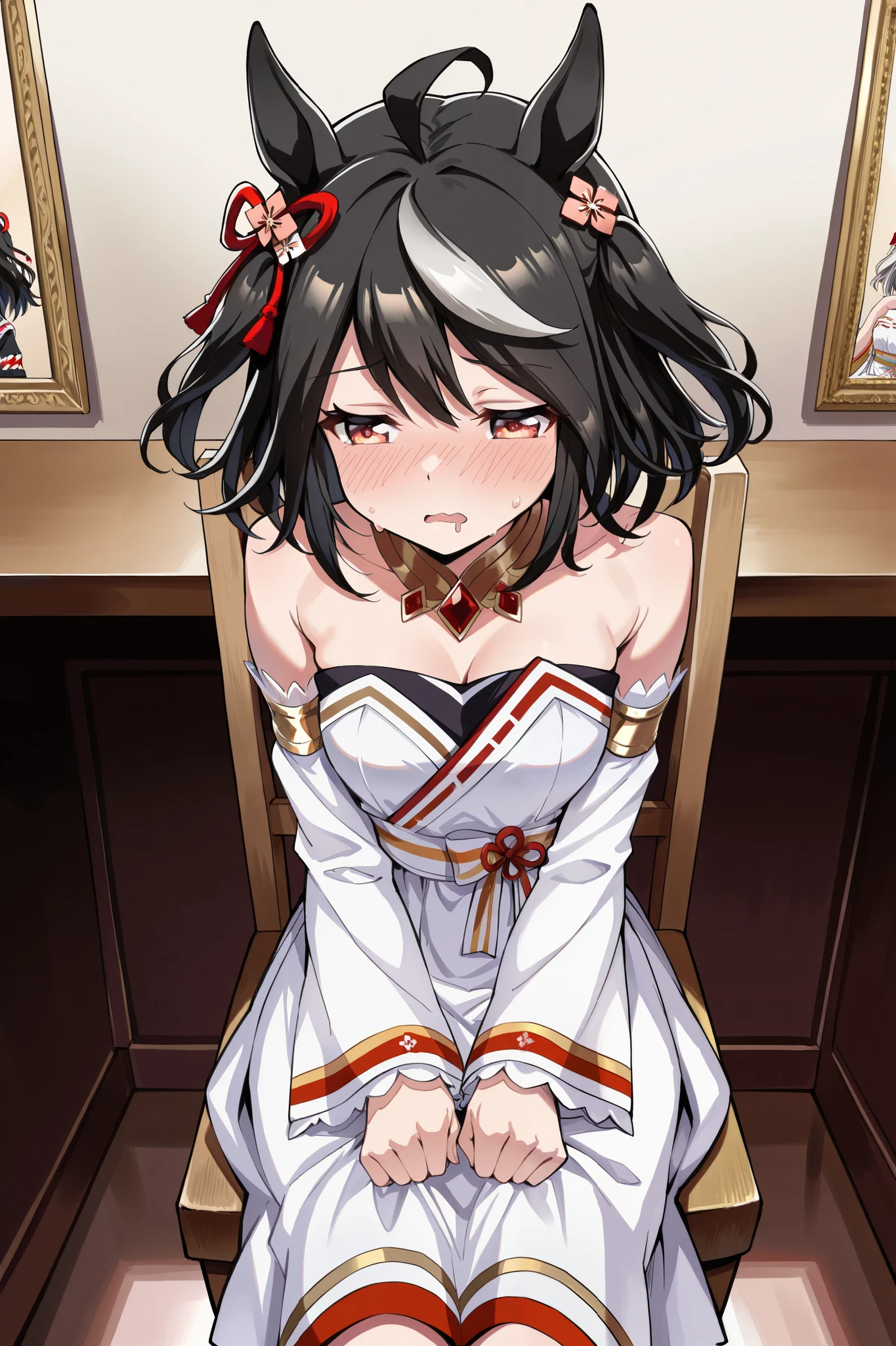 ( masterpiece, super accurate, 16k, RAW photo, complicated ), (Sharp Focus , vivid details), (wide color range, vivid details ), noise reduction , 1 girl , (( Kitasan Black \( Uma Musume\)), (Half Closed Eyes, [Sleepy eyes:1.5), ( embarrassed face), (sitting on a chair, with hair), ( Official Costumes), (whiteいパンティを見せる:1.9), skirt, sweat, Weaknesses:1.5, drool, (Cowboy in the drawing room), white, Joyful Star Kiss High School , long sleeve, white毛皮の襟, Armlet, white strapless japanese dress , Parallel Side Straps