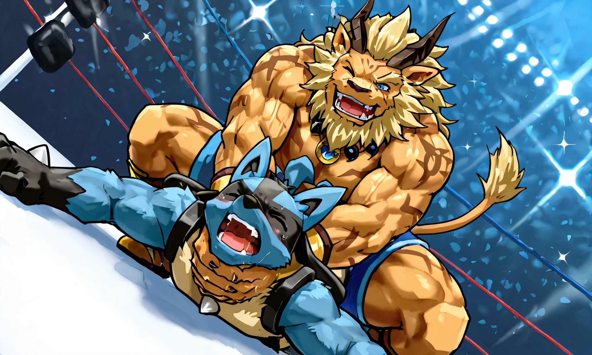 large leomon wrestler, small lucario, wrestling match, camel clutch, [leomon wrestler:squatting on back, from behind, strangling, heavy weight bulky massive, muscular strong body, thick arms, evil smile, open mouth, black wrestling spats], [lucario:small build, on stomach, arched back, open arms wide, small build, close eyes, open mouth],size difference, from below, wrestling background