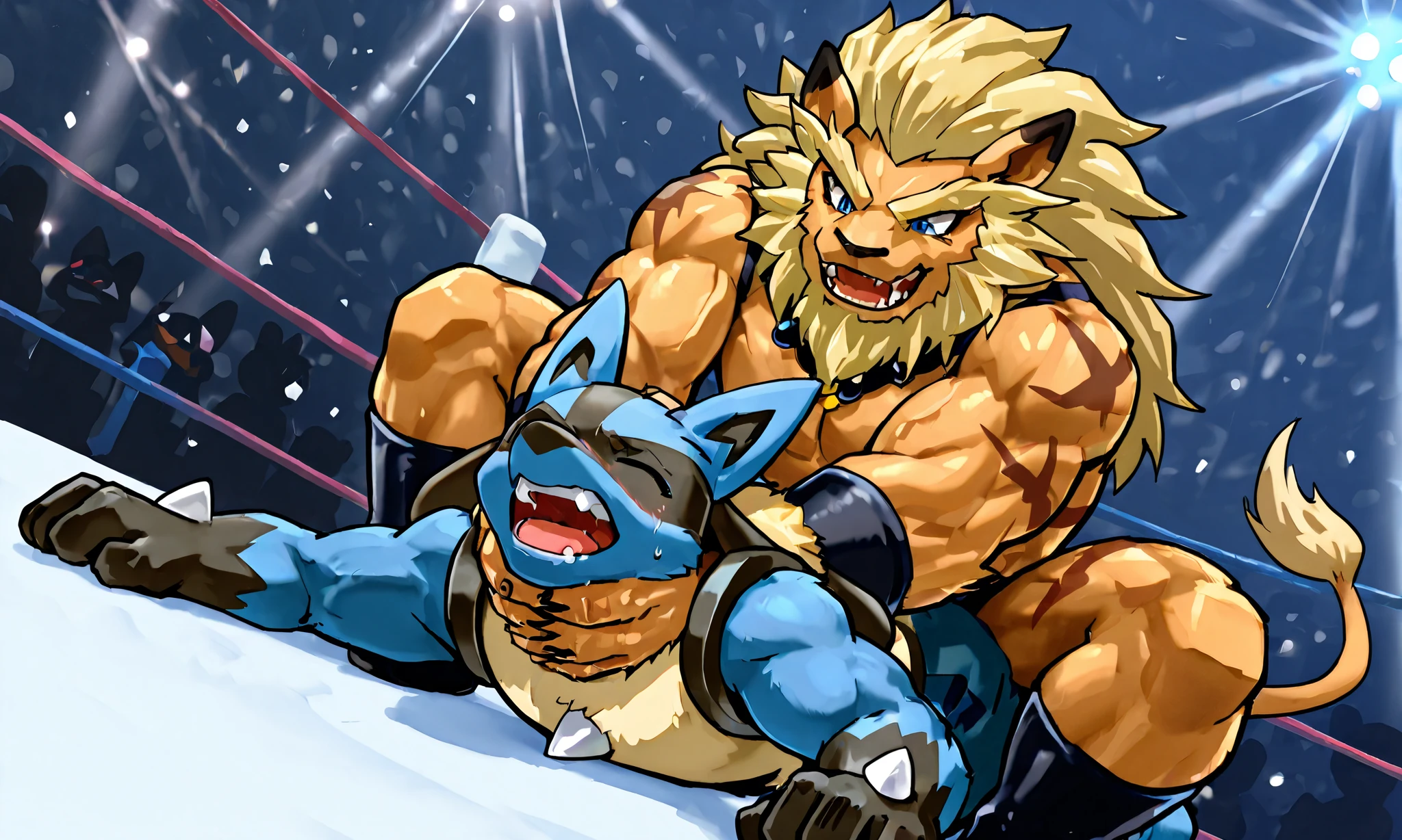 large leomon wrestler, small lucario, wrestling match, camel clutch, [leomon wrestler:squatting on back, from behind, strangling, heavy weight bulky massive, muscular strong body, thick arms, evil smile, open mouth, black wrestling spats], [lucario:small build, on stomach, arched back, open arms wide, small build, close eyes, open mouth],size difference, from below, wrestling background