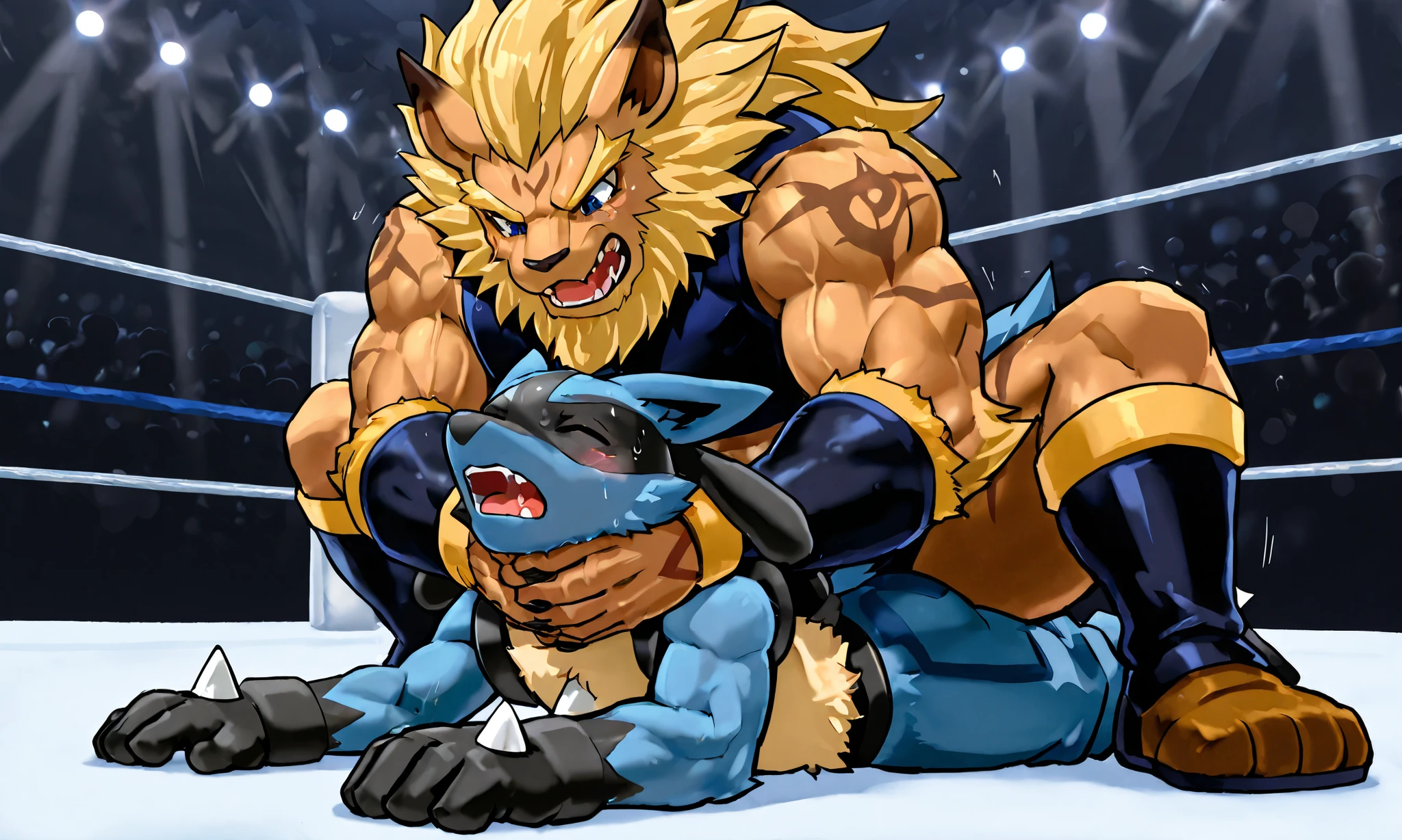 giant leomon wrestler, small lucario, wrestling match, camel clutch, [leomon wrestler:squatting on back, choking from behind, strangling, heavy weight bulky massive, muscular strong body, thick arms, black wrestling spats], [lucario:small build, on stomach, arched back, open arms wide, small build, close eyes, open mouth],size difference, from below, wrestling background