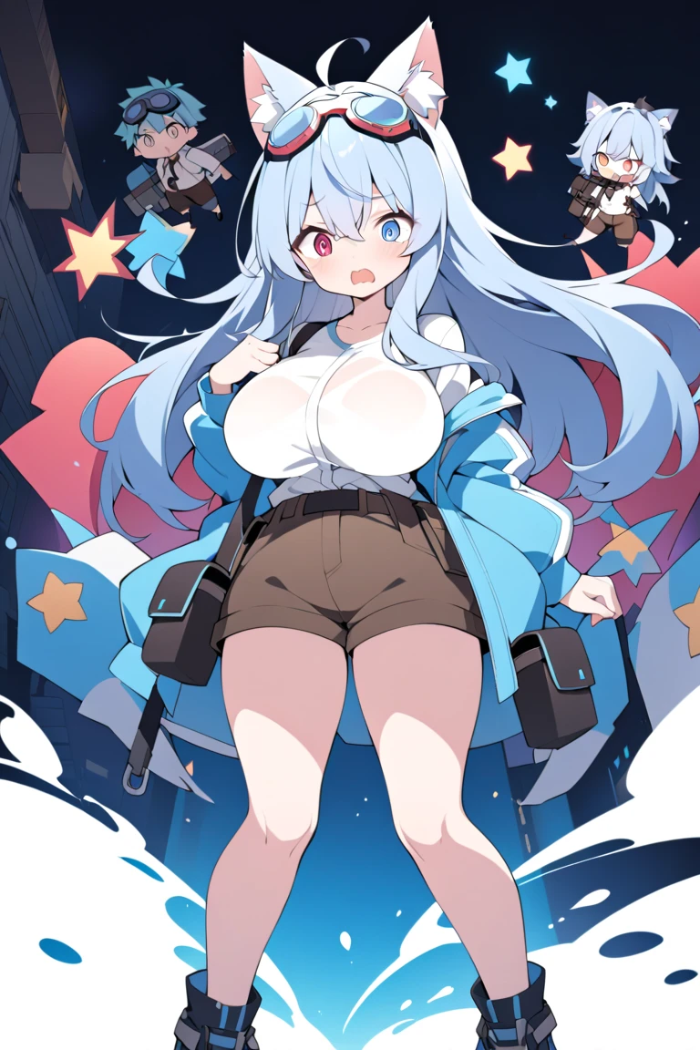 Make a full body character with 2D graphics based on current anime 4k-8k The character is 22 years old. Mature body with big breasts and curves. Eyes red, white cat ears, long white hair down to the ankles. Cat&#39;s furry tail. The outfit is a mix of traditional Japanese kimono, Qipao chines stylized in a cyberpunk way. The colors of the clothes are predominantly white with details of blood red and gold.. With sock 3/4 black and white, sandalhas ninja estilo cyberpunk.