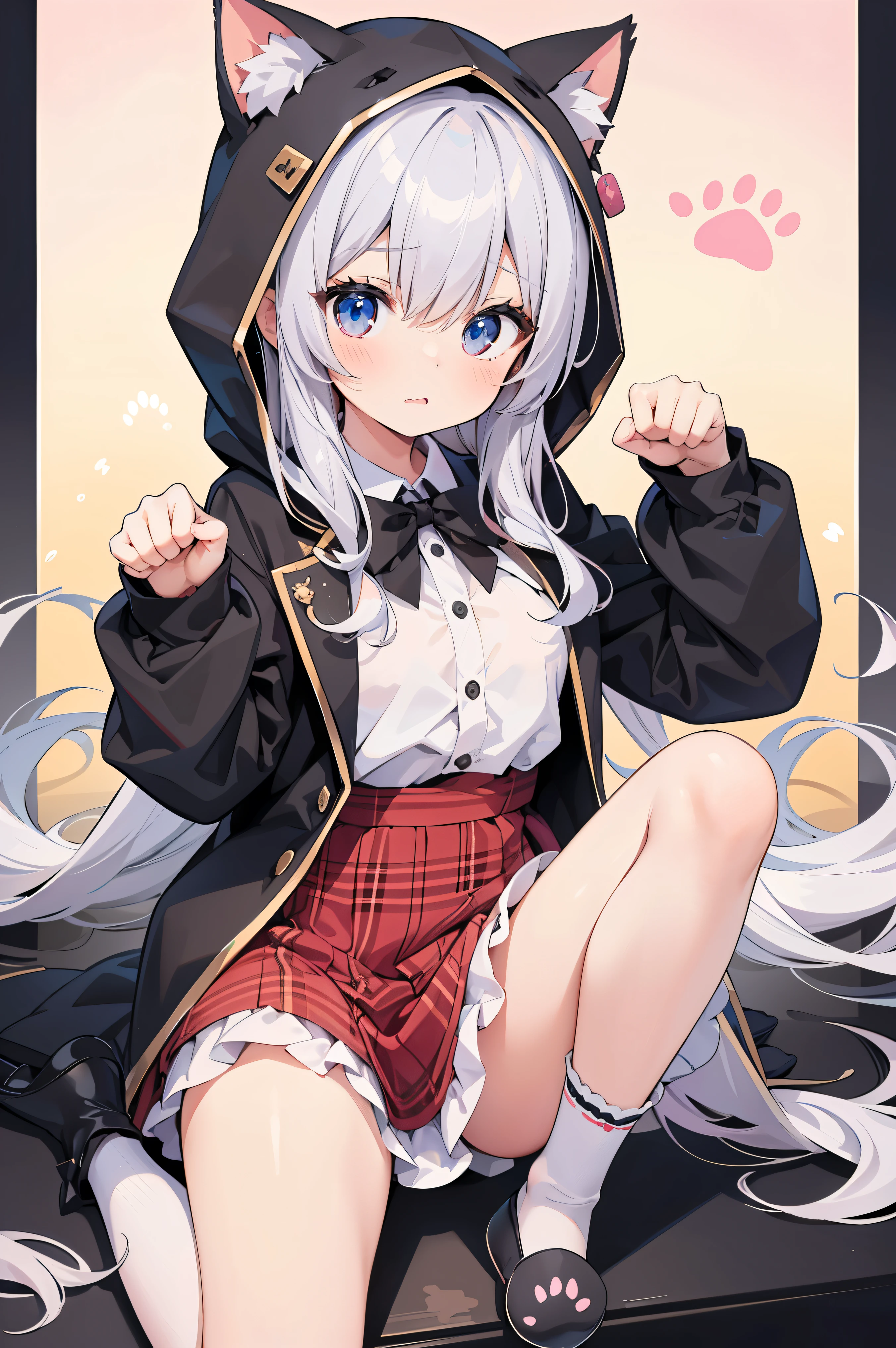masterpiece, Top quality, Super detailed, CG Illustrations, high resolution, Better lighting, Best shadow, Very delicate and beautiful, Proper shading, HD, 8K,1 Girl, Solitary, blush, Smile, open mouth, Simple background,long hair, white hair, White background, Jacket, whole body, Pantyhose, shoe, shorts, Blood red eyes, 运动shoe, striped Pantyhose, vertical-striped Pantyhose