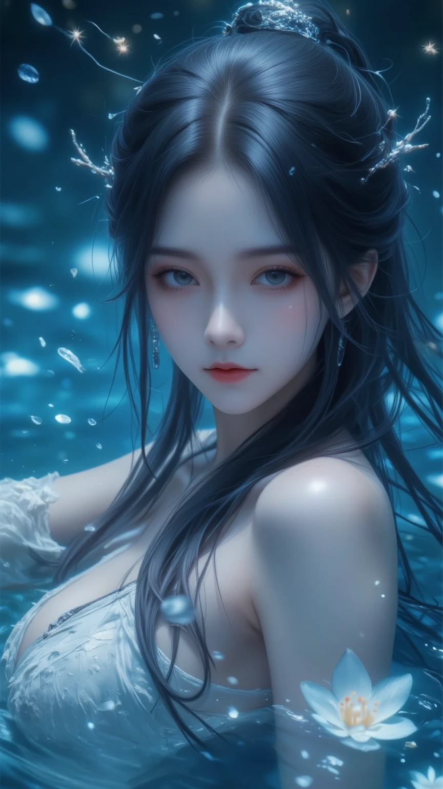 8K,RAW Photos,Highest quality,masterpiece,reality,reality的,woman,Android,cyborg,cyber-,20-year-old,Glamour,Long legs,Electronic device skeleton,((see through body)),(Glassの皮膚),(transparentな体内に電子システムが見える),(A network of blood vessels glowing in seven colors),Connection line,Glowing wires are connected all over the body,Wet body,Grey long hair,Wet Hair,Messy Hair,double eyelid,Glowing LED lamp,Advanced AI, Seamless integration of organic and mechanical elements,transparent,white,element,Glass,Big Bubbles,future,Glamour,Large Breasts,Live Action,(((under water))),