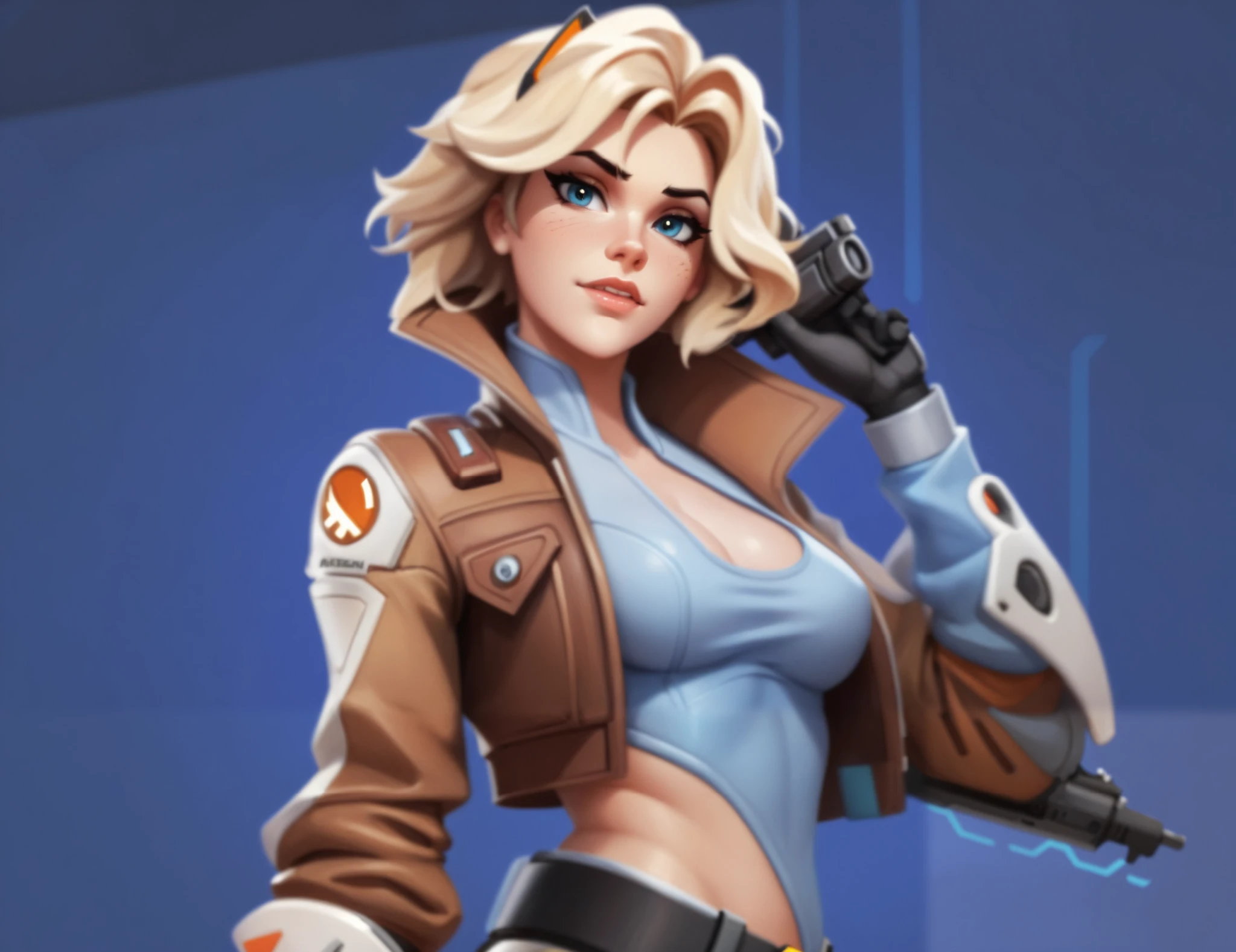 a close up of a woman in a uniform holding a gun, echo from overwatch, from overwatch, junker queen from overwatch, as overwatch character, as an overwatch character, valorant character, overwatch character, in style of apex legends, mercy ( overwatch ), tracer game character, overwatch inspired, lovely brigitte from overwatch, overwatch skin, tracer, overwatch style