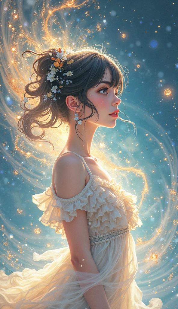 Radiant woman、beatiful lights、Looking Up、Aired dresses、the wind、Colorful、colourfull、Glitter、Deities々Right、Power from space、masterpiece、Extraordinary Beauty、Masterpiece、glistning skin