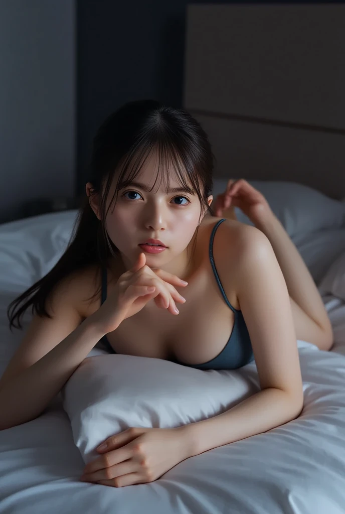 ((realistic lighting、highest quality、8K、masterpiece:1.3))、clear focus:1.2、1 girl、cute face、the most beautiful girl in the world、perfect body beauty:1.4、slim abs:1.1、((platinum blow hair、big breasts:1.3))、(gray stockings:1.2、)、(outside the house、daytime:1.1)、city street、super fine face、narrow eyes、double eyelid、put your hand on your head、(lying sideways in bed:1.4)、please open your legs、seduces with a sexual look、detailed mouth、16-year-old Westerner、short face、Beautiful light blue eyes that sparkle、small face beauty、With a round face、white and beautiful skin、cheek gloss、glowing skin、long bangs between the eyes,、whole body、Completely naked