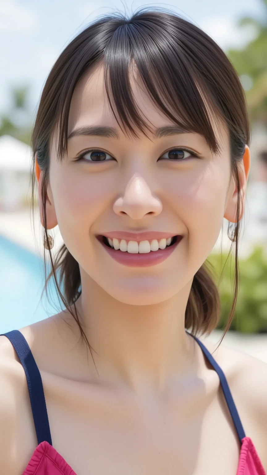 One Woman,Japanese、Beautiful Eyes,Symmetrical eyes,Slim figure, Realistic teeth, double eyelid,Long Hair、Ponytail Hair,smile、Black Bikini,(whole body:1.2),D cup breasts