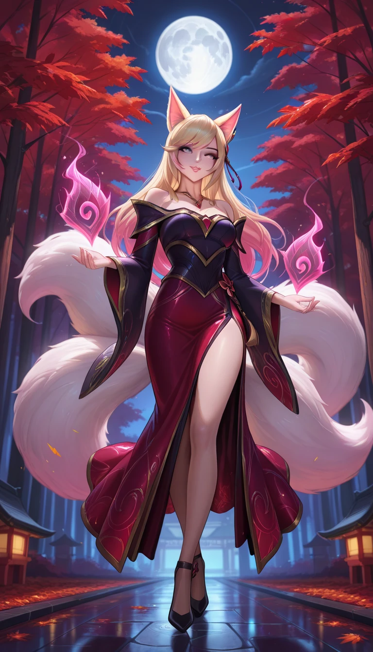 score_9, score_8_up, score_7_up, ahri (league of legends), 1girl, yellow cat eyes, sexy, full body, squinty eyes, earrings, wavy yellow hair, fox ears, 9 tails, long eyelashes, glitter dress, big bust
