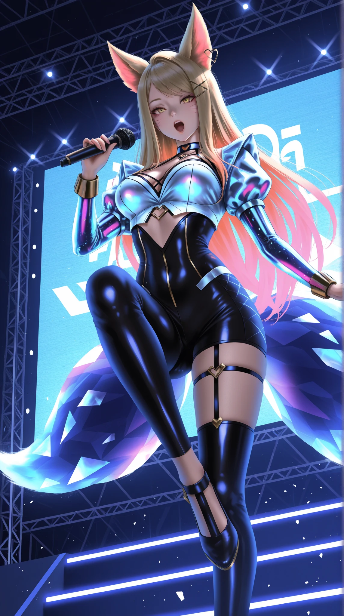 (((Adult woman))), pink eyes, (long blonde hair), pinksuit, smile, singing, holding microphone