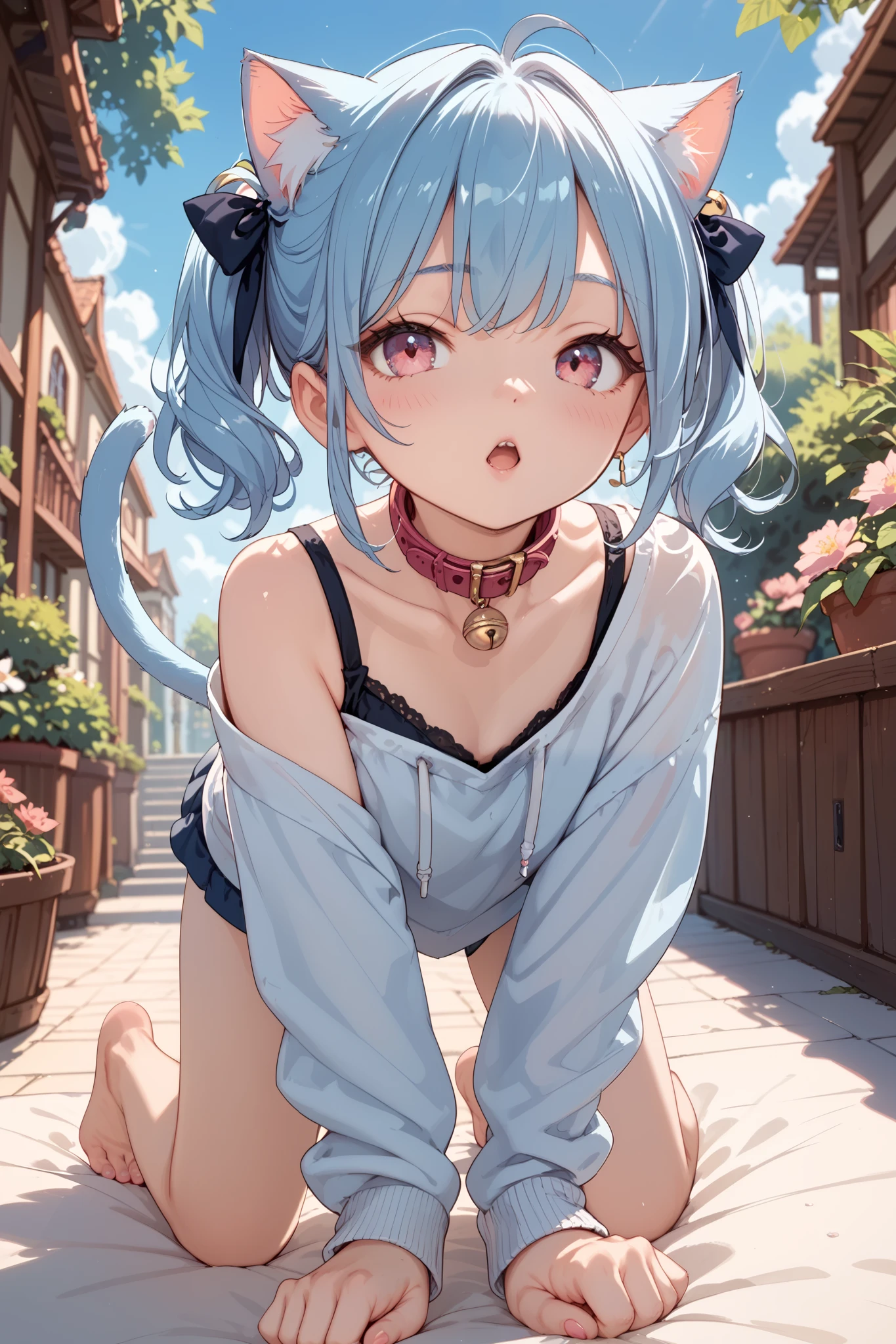 garden,blue hair,pink eye,collar,cat ears,cat tails,petite girl,paw pose,all fours