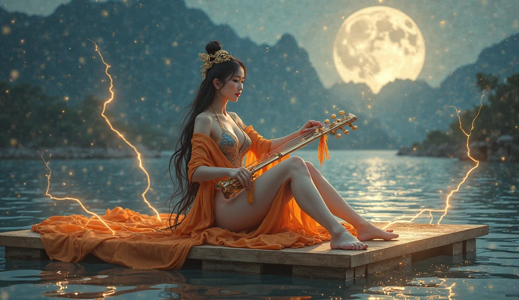 Sarasvati（1 person）、Play an old stringed instrument、Straddling a large white snake、Beautiful woman、Big Breasts、Captivating body、Riverside on a moonlit night、Floating lotus flower、8k、Photorealistic、