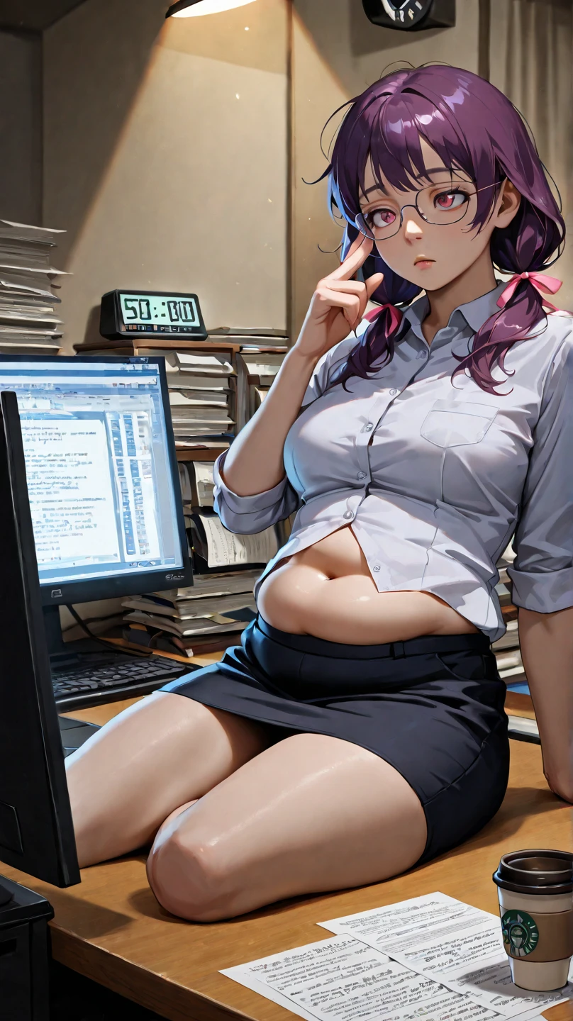 purple short hair Glasses Purple blouse purple stockings (lanyard id card) 50 years old red rouge plump lips round face Plump (eyecontact) ((A perverted mature woman sitting on a computer desk in the office, pressing her steamy soles towards me and trying to smell the smell, from below.)) Beautiful soles Photographed from a low angle masterpiece 8k ((Depicted from a low perspective, as if seen from directly below.)) ((A perverted mature woman's stuffy, stinky stockings and sole)) a look of contempt and condescension