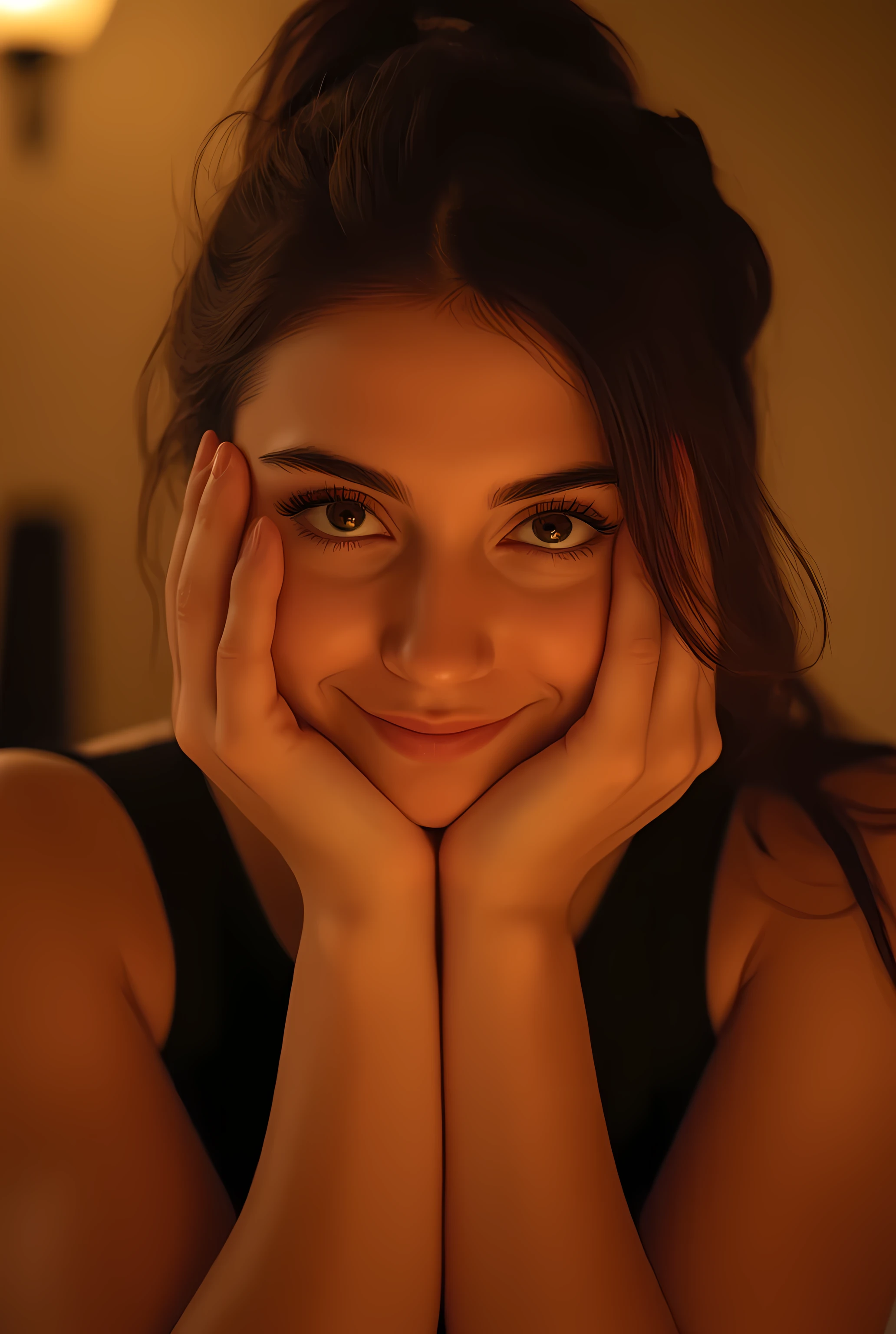 30 year old woman, chest shot, black eyes, black hair, warm background, smirk, realistic, high quality, detailed facial features, intriguing expression, cinematic lighting, warm color tones, photorealistic, 8K, studio lighting, physically-based rendering, sharp focus, masterpiece, professional digital art