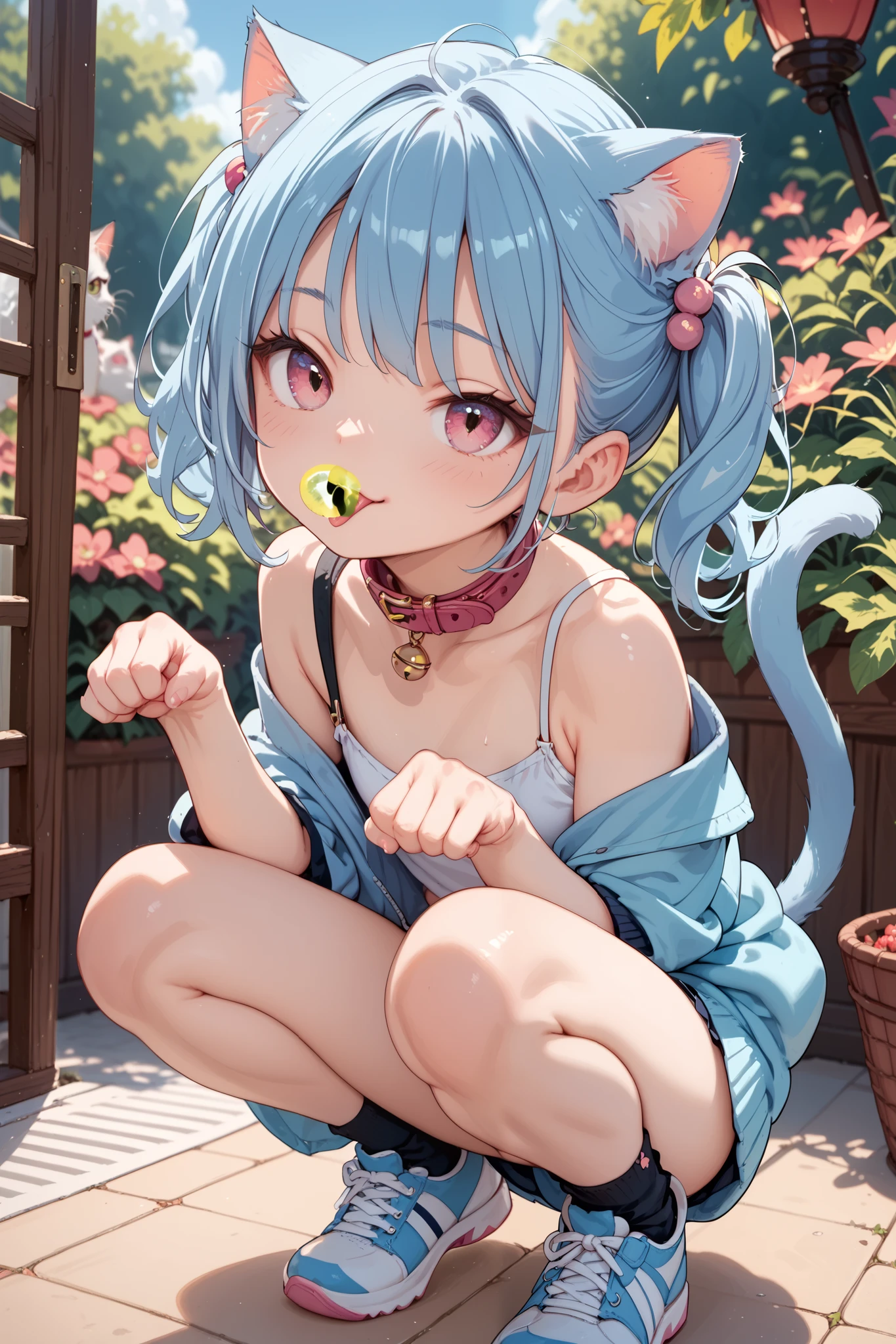 garden,blue hair,pink eye,collar,cat ears,cat tails,petite girl,paw pose,squatting,(((closed mouth,tongue out))),legs open