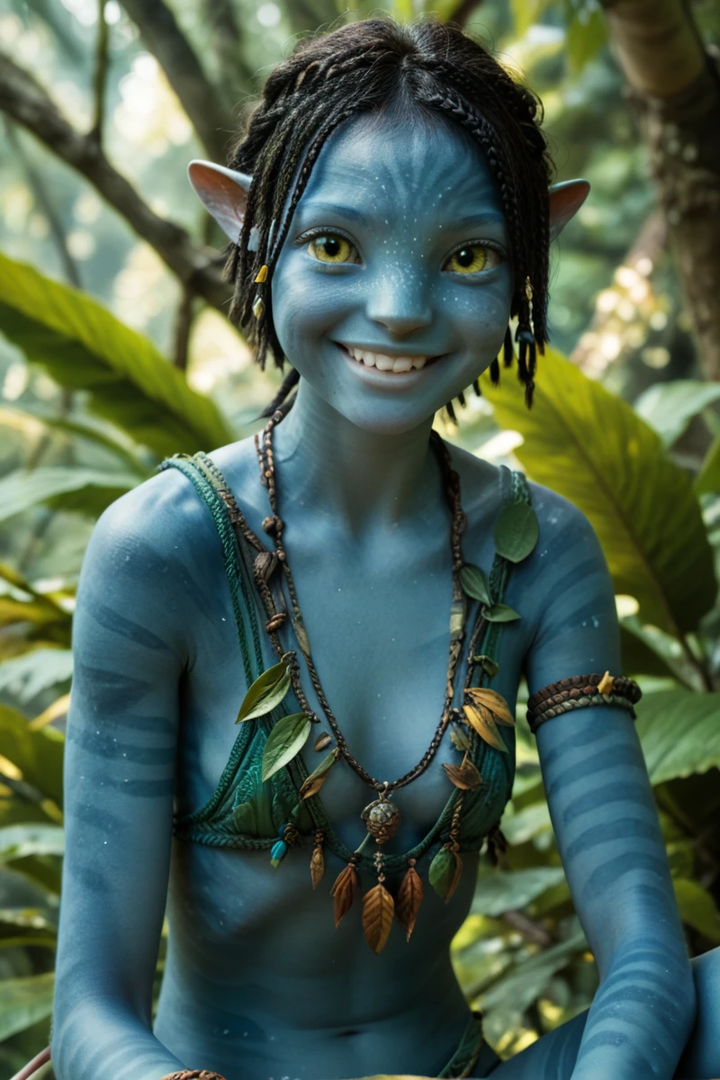 female, 1girl, torso portrait, face close-up, looking at the viewer, smile, laugh, happy, skinny toned limbs, detailed yellow eyes, blue skin, medium length hair, small boxbraids hair, black hair, tail, big pointy ears, skinny, short, young face, lean body, wearing tribal necklace, wild jungle background, sitting in branch, leaf loincloth, solo, n4vi, score_9, score_8_up, score_7_up, score_6_up, Tuk, 