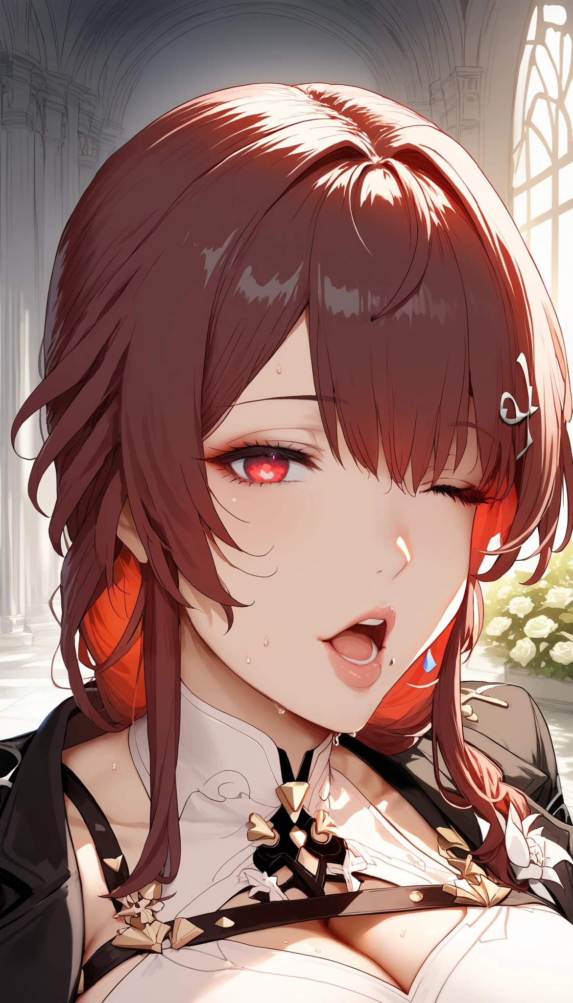 ntr, masterpiece, Adultery, score_9, score_8_up, score_7_up, score_6_superior, source_anime, rating:general, 1 girl, beautiful woman, perfect body, sunburned skin, curvilinear, mature, Big Breasts, sweaty, makeup, ( Super Precise Eyes:1.1), Gothic PXL, close one eye, villages with, black coat, viewers,big on the floor, place your hands on your hips,Red Eyes, shiny skin, clavicle, floral print, upper body, lips,bare shoulder, long hair, hair ornament, Chest, mole under mouth, Big Breasts, popular black coat, knitting glasses, mole, Industrial Park, nail, , hair clip, open your mouth,single knitting glasses, masterpiece, 最high quality, high image quality, newest, ing, zPDXL3, detailxl, score_PnyReal, burgundy hair, Kafka \(honkai star rail with the same leg color\), 8k, high quality, wallpaper