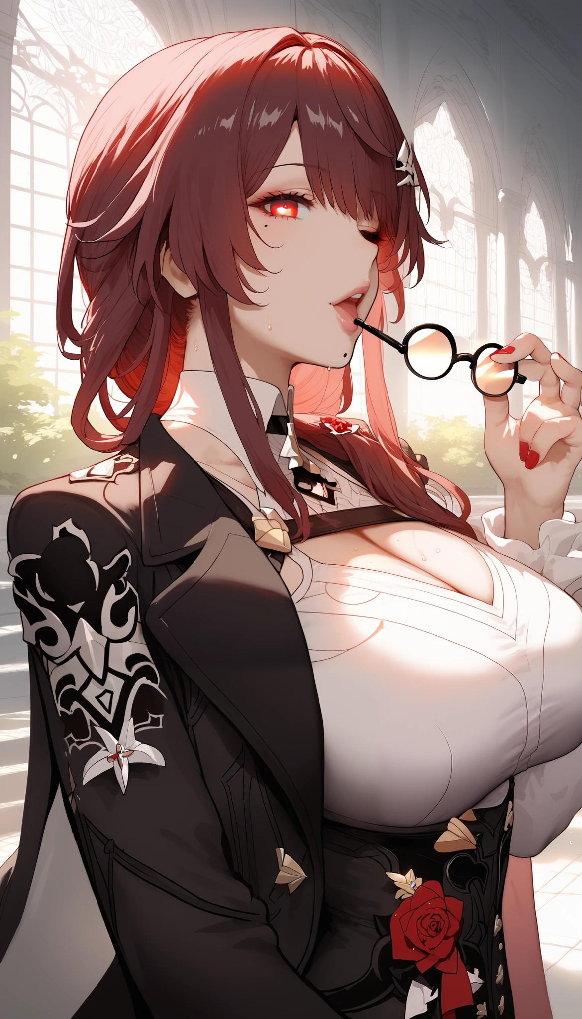 ntr, masterpiece, Adultery, score_9, score_8_up, score_7_up, score_6_superior, source_anime, rating:general, 1 girl, beautiful woman, perfect body, sunburned skin, curvilinear, mature, Big Breasts, sweaty, makeup, ( Super Precise Eyes:1.1), Gothic PXL, close one eye, villages with, black coat, viewers,big  on the floor, place your hands on your hips,Red Eyes,  shiny skin, clavicle, floral print, upper body, lips,bare shoulder, long hair, hair ornament, Chest, mole under mouth, Big Breasts, popular black coat, knitting glasses, mole, Industrial Park, nail, , hair clip, open your mouth,single knitting glasses, masterpiece, 最high quality, high image quality, newest, ing, zPDXL3, detailxl,  score_PnyReal, burgundy hair,  Kafka \(honkai star rail with the same leg color\), 8k, high quality, wallpaper