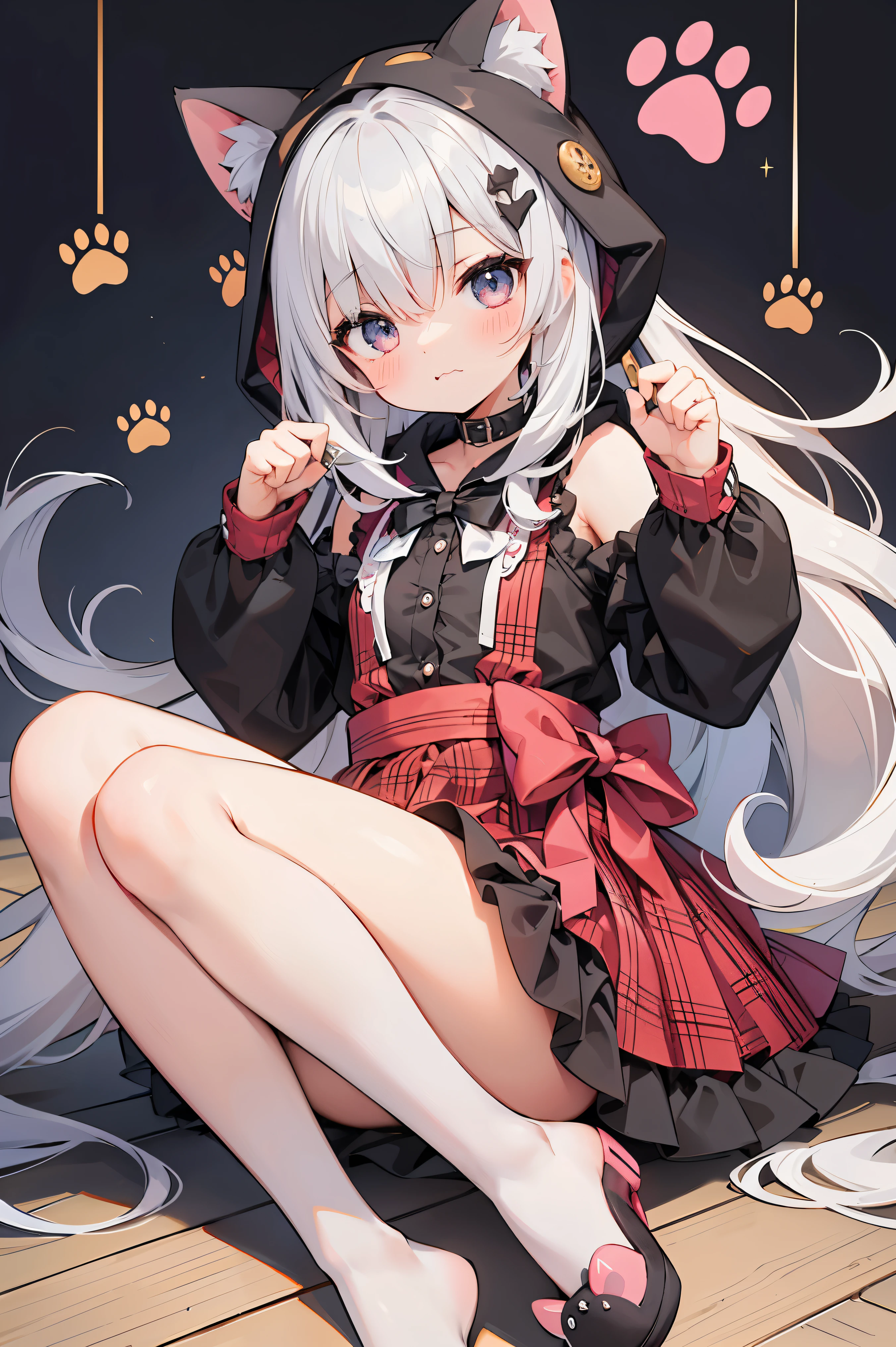 Anime girl with cat ears lying on her back on the floor, she has long dark gray hair with braids, no panties, in a short skirt, raised her legs up, legs in different directions, shows pussy, , disturbance, spreads pussy with hand