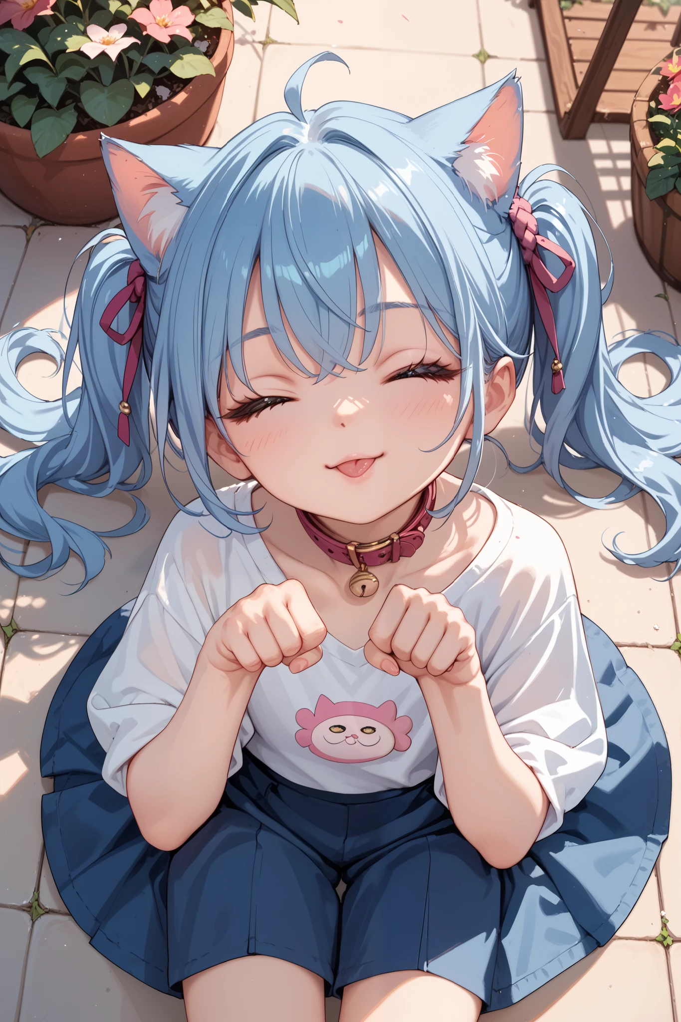 garden,blue hair,pink eye,collar,cat ears,cat tails,petite girl,paw pose,top-down bottom-up,closed eyes,light smile,tongue out,from (((above)))