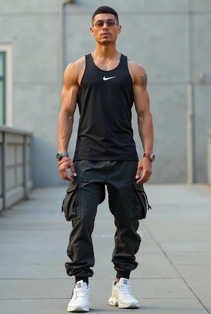 Gemini just updated.  See update Conversation with Gemini Act as a professional expert stylist and analyze this outfit. a white Nike dry fit tank top with beige joggers cargo pants, some adidas ultraboost triple black sneakers and an all black omega x swatch watch with an all black trucker cap with the logo in white Gallery department Outfit Analysis: A casual and sporty look with touches of T-shirt style: The Nike dry fit sleeveless t-shirt in white is a basic and versatile garment that provides freshness and comfort. Its breathable fabric makes it ideal for physical activities or for a hot day.

pants: Beige cargo joggers add a casual and relaxed touch to the look. Its loose and comfortable cut allows great freedom of movement, while the beige color provides a touch of sophistication.

sneakers: The Adidas Ultraboost Triple Black sneakers are a perfect option to complete the sporty look.. Its minimalist design and Boost technology offer comfort, cushioning and style. The black color combines perfectly with the rest of the outfit..

clock: The Omega x Swatch all black watch with an all black trucker cap with the white Gallery Department logo adds a touch of elegance and distinction to the look.. The combination of black with the white of the logo creates a striking and modern contrast.

In general, The outfit is a perfect combination of comfort, style and sophistication. It&#39;s ideal for a casual day in the city., to exercise or to go out with friends.

Some suggestions to improve the look:

If you want to give a more formal touch to the outfit, you can change the tank top for a short sleeve shirt.
If you want a more casual look, you can change the Adidas Ultraboost shoes for white sports shoes.
You can add a baseball cap or hat to give a more personal touch to the look..
Remember that the most important thing is that you