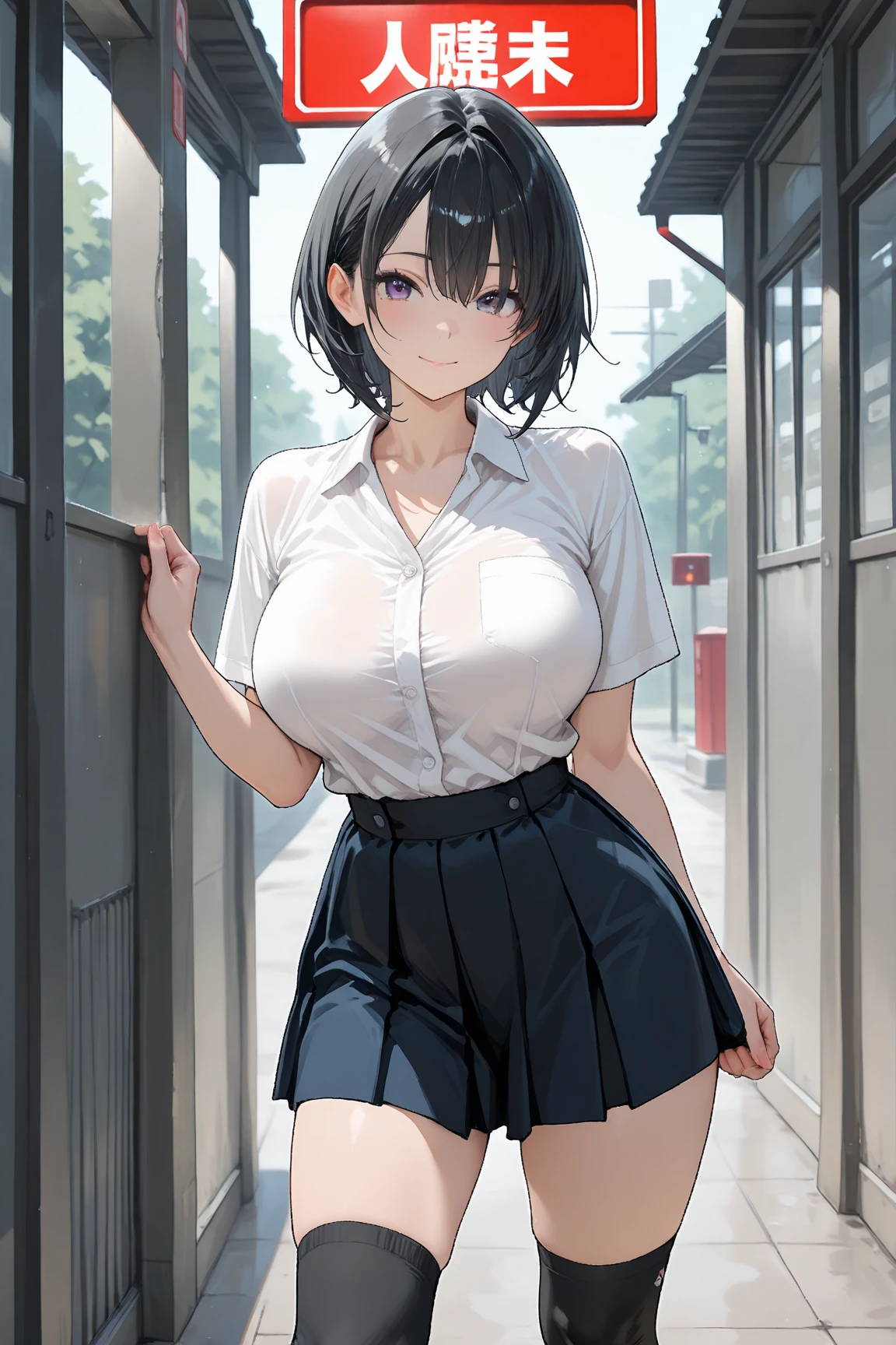 ((top-quality、8K、masterpiece:1.3))、1 girl、Slender Abs、sofas、hyperdetailed face、A detailed eye、double eyelid、very Bigger breasts、large full breasts、Colossal 、Neat and clean 、short-hair、Straight bob hair、Shorthair with bangs、A smile、 uniform、Panties are visible from the skirt、An 18-year-old woman、Sheer white shirt、Navy blue ribbon at the collar、Dark blue pleated micro mini、sexly、Peek at the viewer、Beautiful graphics、Bright school building with strong sunlight、Show me your whole body、is standing、Plump panties、Detailed female genital shapes、Black pantyhose、(Facing the front)(((Blushing cheeks、embarassed expression)),(((The skirt is rolled up by the wind)))、Showing white panties、depth of fields、Bokeh in the background、Exposing the breasts、Bare your breasts