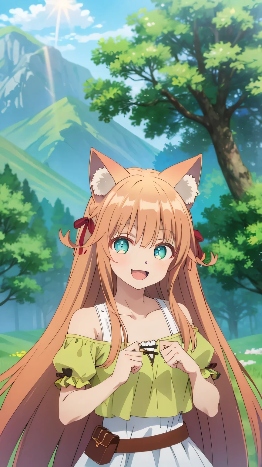 {{{masterpiece}}}, (best quality:1.5), (ultra-detailed:1.5), {illustration}, {{an extremely delicate and beautiful}}, (beautiful detailed eyes:1.6), absurdres, highres, extremely detailed face, 16k, hd, visual anime de uma jovem mulher, extremamente bonito rosto de anime, anime melhor garota, (perfect hands, perfect anatomy), anime face, Kanade(Beast Tamer), kanade, cute face, cat girl, cat ears, light brown hair, very long hair, bangs, sidelocks, red hair ribbon, Big eyes, green eyes,(High resolution eyes, Beautiful eyes, Light in the eyes), medium breasts, big hips, curvaceous, cat tail, BREAK, shoulderless shirt, off-shoulder shirt, clavicle, short sleeves, puffy sleeves, white dress, green shirt, brown belt, one pouch, white skirt, medium skirt, long boots, brown boots, BREAK, smiling, looking at viewer, open mouth, flushed cheeks, cute gestures, flash effect, outdoor, mountain, daytime, forest, flower garden, field, sunshine