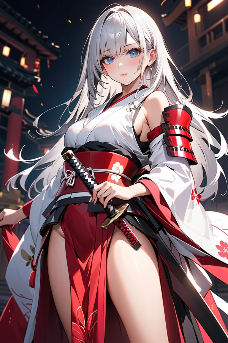 High resolution、Girl、Silver Hair、Long Hair,(Brown skin,Dark Skin,Sunburn),Lion ears、Grey Eyes、Slender、Toned body、Scarlet Hakama,Shrine maiden,,summer,7moon,Thousand Torii Gates,blue sky,Abdominal muscles