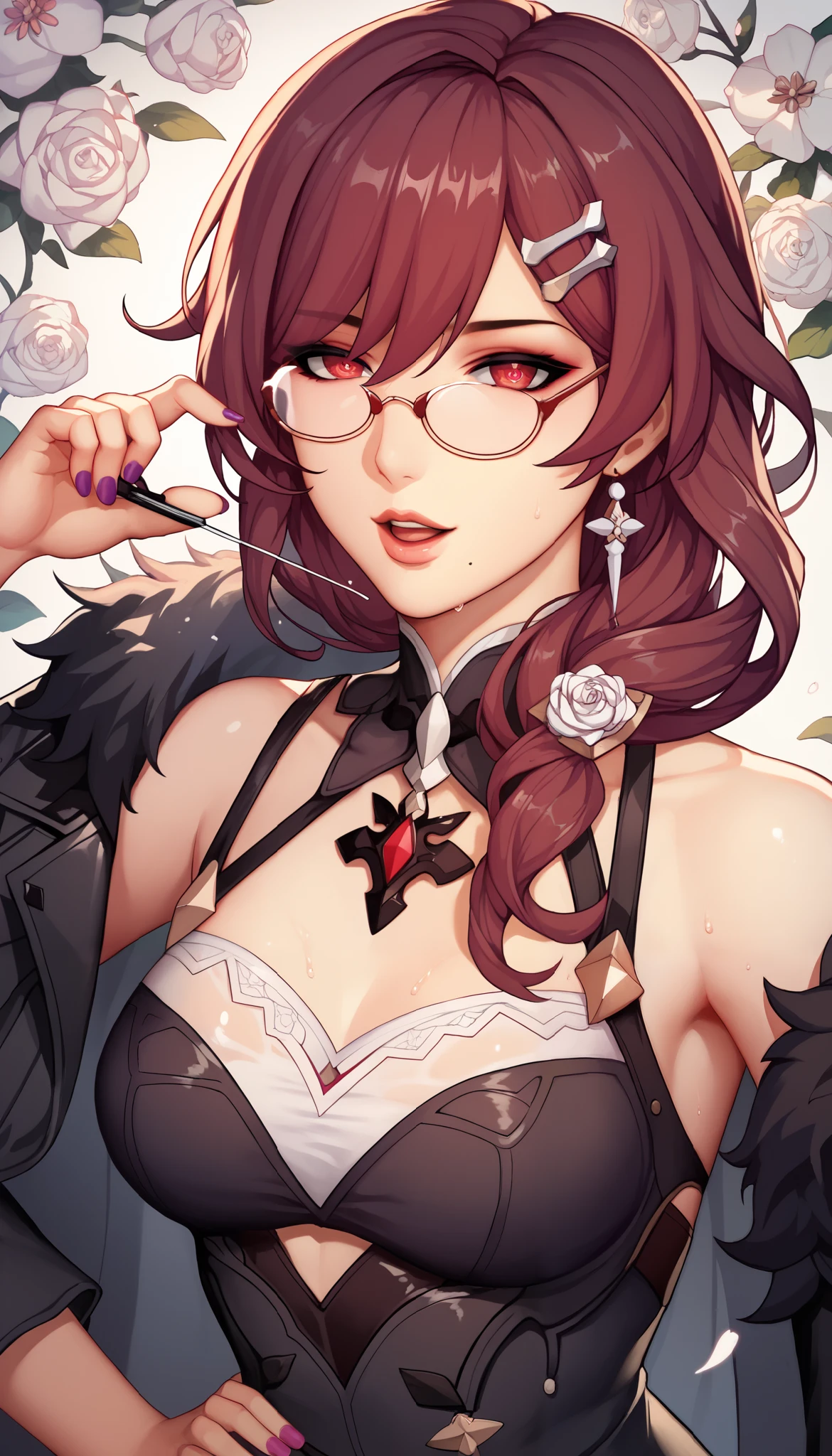 ntr, masterpiece, Adultery, score_9, score_8_up, score_7_up, score_6_superior, source_anime, rating:general, 1 girl, beautiful woman, perfect body, sunburned skin, curvilinear, mature, very small breasts, sweaty, makeup, ( Super Precise Eyes:1.1), Gothic PXL, close one eye, villages with, black coat, viewers, place your hands on your hips,Red Eyes, shiny skin, clavicle, floral print, upper body, lips,bare shoulder, long hair, hair ornament, Chest, mole under mouth, popular black coat, knitting glasses, mole, Industrial Park, nail, , hair clip, open your mouth,single knitting glasses, masterpiece, 最high quality, high image quality, newest, ing, zPDXL3, detailxl, score_PnyReal, burgundy hair, Kafka \(honkai star rail with the same leg color\), 8k, high quality, wallpaper