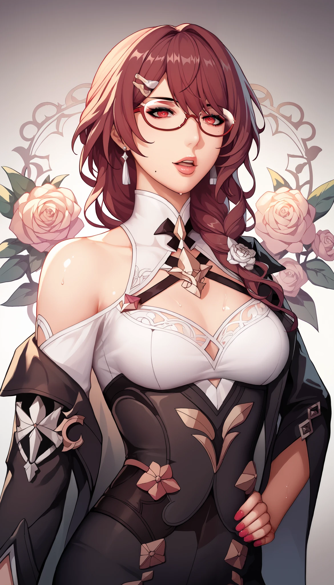 ntr, masterpiece, Adultery, score_9, score_8_up, score_7_up, score_6_superior, source_anime, rating:general, 1 girl, beautiful woman, perfect body, sunburned skin, curvilinear, mature, very small breasts, sweaty, makeup, ( Super Precise Eyes:1.1), Gothic PXL, close one eye, villages with, black coat, viewers, place your hands on your hips,Red Eyes, shiny skin, clavicle, floral print, upper body, lips,bare shoulder, long hair, hair ornament, Chest, mole under mouth, popular black coat, knitting glasses, mole, Industrial Park, nail, , hair clip, open your mouth,single knitting glasses, masterpiece, 最high quality, high image quality, newest, ing, zPDXL3, detailxl, score_PnyReal, burgundy hair, Kafka \(honkai star rail with the same leg color\), 8k, high quality, wallpaper