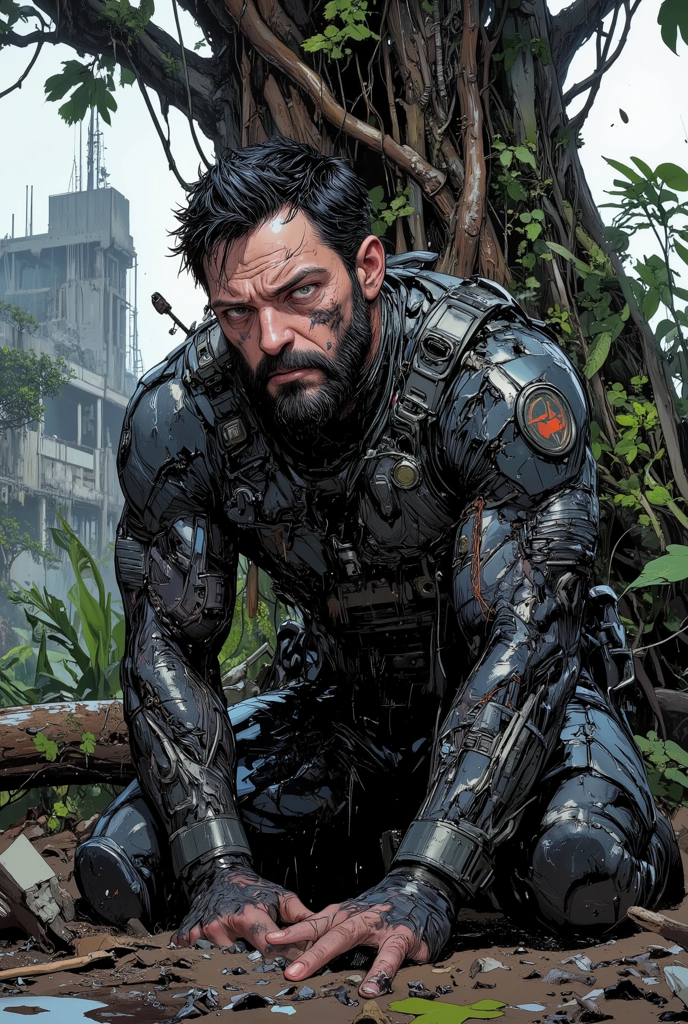 a powerful middle-aged special forces man, in a cool black broken military armor, struck by a mysterious force, pinned to the ground, torture,pose,wet black hair, short black beard, suspicious gestures, looks at the gloomy heavy sky, tired dirty and wet face, left hand touches the ground, right hand holds a knee, tropical rainstorm, wet jungle, ornamentation, giant tree, ruins of buildings, view from a height, diagonal angle, dramatic shot, suffering, destruction, longing, high detail, cinematic shot, blockbuster, science fiction, cyber-punk, cyber-futurism, 64K resolution