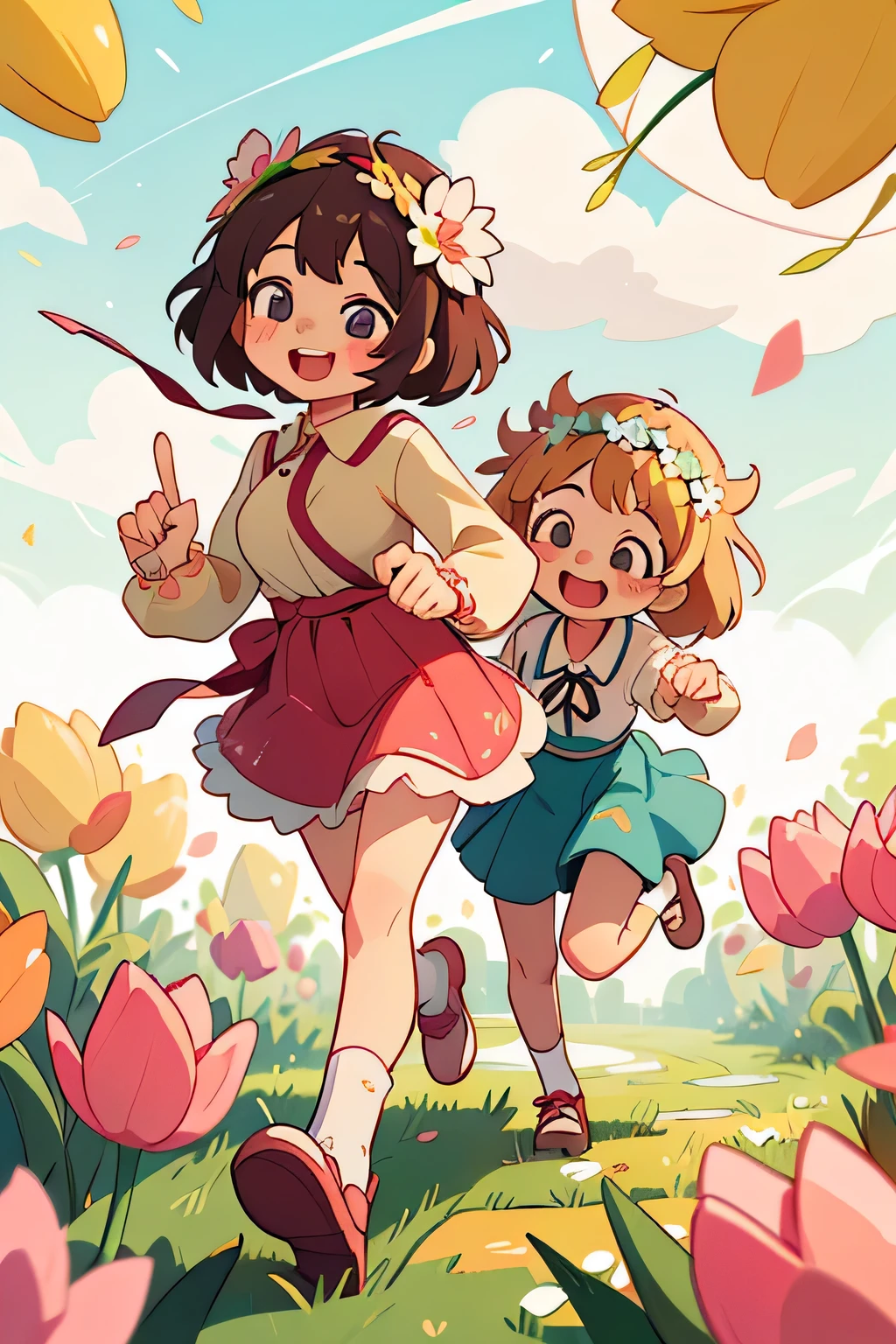 top quality、high definition、(high image quality:1.4)、masterpiece、detailed background、(very detailed face:1.3)、(detailed eyes:1.3)、age beauty、huge breasts、(Normal number of fingers:1.4)、anatomically correct、perfect body line、In the Sun、Spring light and flowers々Wrapped in、Innocent and adorable 、春の陽だまりWrapped inチューリップ畑、Soft wind shakes the petals and colorful tulips smile gently、Her hair shakes lightly in the wind、big smiles、

(Two girls running around happily with a flower crown on their heads:1.5)、pink, yellow, and red tulips sway as she moves、It's like dancing together、The skirt spreads softly and the light gently shines through the lace hem、The scent of a flower field drifts softly every time she gently kicks the soil underfoot、Smile softly while holding down the corolla with both hands so that it doesn't shift、A slight warmth of spring shines on her cheeks and is surrounded by tulips、Adorable like a fairy in a fairy tale、
fluffy puff Light cream blouse with sleeves and small frills、Tulip pink flare skirt made of light material that swings in the wind、Beige strap shoes with a small ribbon、Natural semi-long with gentle waves that flutter in the wind、Tulip corolla with small white flowers and green leaves as an accent、cute