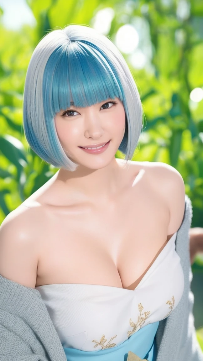 sharp focus, an woman with modern style, (((aqua blue hair color))),(colorful),(finely detailed beautiful eyes and detailed face, aqua blue short hair), flowers on head,cinematic lighting,extremely detailed CG unity 8k wallpaper,((flying petal)),(Flowery meadow) sky, cloudy_sky, sunlight,sun, light,(masterpiece, best quality), (((detailed white dress))), blue laces, modern style, street aesthetics, high detailed background , curvy body, gorgeous, elegant, (simple gold necklace), dynamic pose, realistic, detailed facial expression, beautiful mesmerizing face, smilling, (bright blue eyes:1.14), real life skin, 8k, intricate detail, professional lighting, full body shot, dynamic angle shot, looking at camera, stunning Unreal Engine, soft diffused lighting, cute, wind, petals on wind,1 girl, sexy, sensual, a 20 yo woman,(natural skin texture, soft light, sharp), big, magazine photography