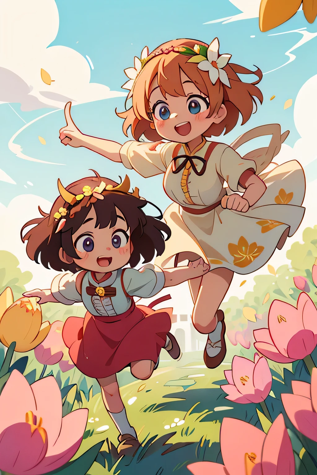 top quality、high definition、(high image quality:1.4)、masterpiece、detailed background、(very detailed face:1.3)、(detailed eyes:1.3)、age beauty、huge breasts、(Normal number of fingers:1.4)、anatomically correct、perfect body line、In the Sun、Spring light and flowers々Wrapped in、Innocent and adorable 、春の陽だまりWrapped inチューリップ畑、Soft wind shakes the petals and colorful tulips smile gently、Her hair shakes lightly in the wind、big smiles、

(Two girls running around happily with a flower crown on their heads:1.5)、pink, yellow, and red tulips sway as she moves、It's like dancing together、The skirt spreads softly and the light gently shines through the lace hem、The scent of a flower field drifts softly every time she gently kicks the soil underfoot、Smile softly while holding down the corolla with both hands so that it doesn't shift、A slight warmth of spring shines on her cheeks and is surrounded by tulips、Adorable like a fairy in a fairy tale、
fluffy puff Light cream blouse with sleeves and small frills、Tulip pink flare skirt made of light material that swings in the wind、Beige strap shoes with a small ribbon、Natural semi-long with gentle waves that flutter in the wind、Tulip corolla with small white flowers and green leaves as an accent、cute