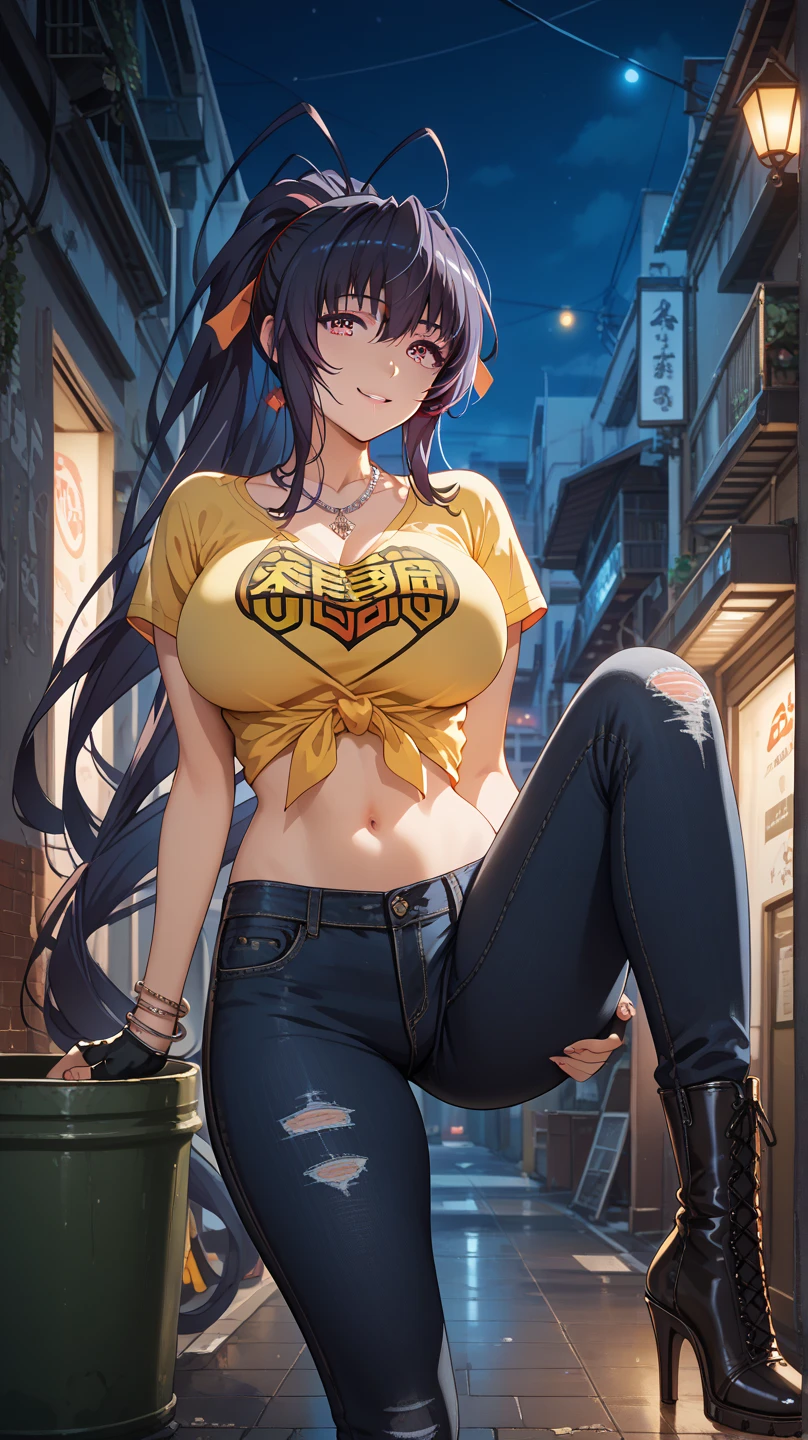 masterpiece, high quality, detailed eyes,
1girl, solo, tomboy, black hair, gold eyes, short hair, bangs, (woman:1.0) (large breast:0.8), (voloptuous:1.0), glistened skin, shiny skin, oiled skin, tall, leggy, light smile, open mouth, pubic tatoo,
looking at viewer, japanese FESTIVAL, sunset, deep shadows, (contrapposto:1.0), hand on hips,(cropped shirt, short shorts), heart earing, tattoo, choker, thigh strap, necklace, nipple, cleft of venus, pussy, cameltoe,
(doujin:0.5), (anime:1.0),