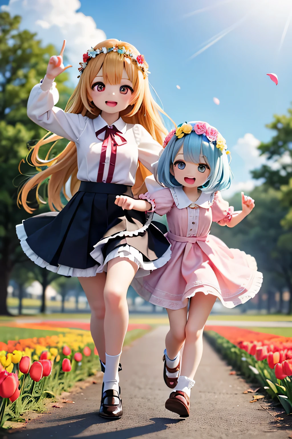 top quality、high definition、(high image quality:1.4)、masterpiece、detailed background、(very detailed face:1.3)、(detailed eyes:1.3)、age beauty、huge breasts、(Normal number of fingers:1.4)、anatomically correct、perfect body line、In the Sun、Spring light and flowers々Wrapped in、Innocent and adorable 、春の陽だまりWrapped inチューリップ畑、Soft wind shakes the petals and colorful tulips smile gently、Her hair shakes lightly in the wind、big smiles、
(Two girls running around happily with a flower crown on their heads:1.5)、pink, yellow, and red tulips sway as she moves、It's like dancing together、The skirt spreads softly and the light gently shines through the lace hem、The scent of a flower field drifts softly every time she gently kicks the soil underfoot、Smile softly while holding down the corolla with both hands so that it doesn't shift、A slight warmth of spring shines on her cheeks and is surrounded by tulips、Adorable like a fairy in a fairy tale、
fluffy puff Light cream blouse with sleeves and small frills、Tulip pink flare skirt made of light material that swings in the wind、Beige strap shoes with a small ribbon、Natural semi-long with gentle waves that flutter in the wind、Tulip corolla with small white flowers and green leaves as an accent、cute