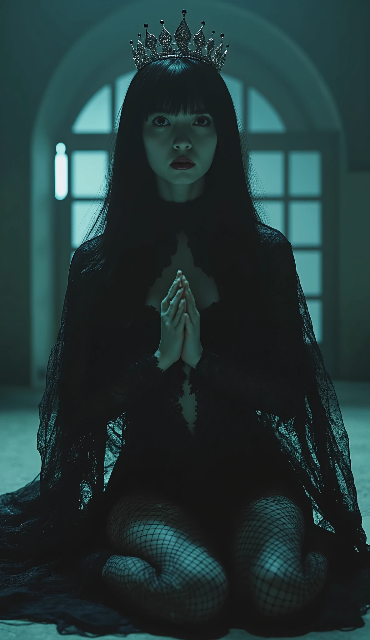 (((Top floor of the Dark Castle:2.0))),((Night Sky with lots of stars twinkling:2.0)),(((Dark horror atmosphere with a gothic feel:2.0))),(((A glamorous shot of a 20-year-old Japanese woman lifting a shiny copper sword with both hands:2.0))),sitting upright ,((Sitting and praying:2.0)),One female ghost,((super cute face:2.0)),(Beautiful well-balanced face :2.0),((long hair with bangs:2.0)),(black hair:1.5),(beautiful eyes:1.5),A glamorous shot of a 20-year-old Japanese woman, Slender Beautiful Body ,((model body type:2.0)),((slim body:1.7)),perfect body line,Ideal Proportions,((big on the floor:2.0)),((スリーサイズ90-58-86:2.0)),((G cup breasts:2.0)),( popup:1.7),((((Underboob:2.0)))),Bare thighs,Sensual Thighs,delicate body,(Glutinous Flesh:1.7),harmonious posture,((Realistic breast depiction :1.7)),Carefully depicting limbs based on perfect anatomy,((super high-leg leotard in the style of the king of darkness with a copper sword:2.0)),((Super High Leg Leotard made of fitted lace:2.0)),((A long embroidered cloak with an open front over a hi-leg leotard:2.0)),(Black lipstick:2.0),((((Coarse mesh fishnet stockings:2.0)))),(((Copper crown:2.0))),concept art,(top quality:2.0),(masterpiece:2.0),((超high definition:2.0)),high definition,UHD,(Delicate Description), carefully drawn with butterfly wings ,32k,((realistic skin texture:1.5)),(((ultra-realistic:1.5))),carefully draw eyelashes,very detailed face,Highly detailed female hand, Sexy appearance ,very sensual,(Blurry Dim Backgrounds :1.5),professional photo shoot,(movie light:2.0),((Rembrandt-style lights:2.0)