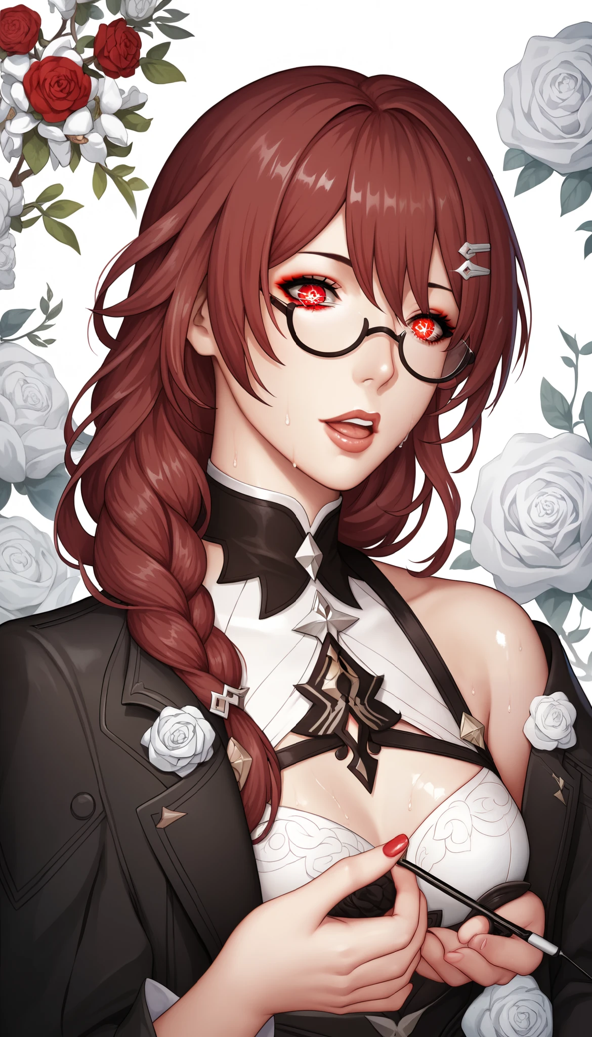 ntr, masterpiece, Adultery, score_9, score_8_up, score_7_up, score_6_superior, source_anime, rating:general, 1 girl, beautiful woman, perfect body, sunburned skin, curvilinear, mature, very small breasts, sweaty, makeup, ( Super Precise Eyes:1.1), Gothic PXL, close one eye, villages with, black coat, viewers, place your hands on your hips,Red Eyes, shiny skin, clavicle, floral print, upper body, lips,bare shoulder, long hair, hair ornament, Chest, popular black coat, knitting glasses, Industrial Park, nail, , hair clip, open your mouth,single knitting glasses, masterpiece, 最high quality, high image quality, newest, ing, zPDXL3, detailxl, score_PnyReal, burgundy hair, Kafka \(honkai star rail with the same leg color\), 8k, high quality, wallpaper